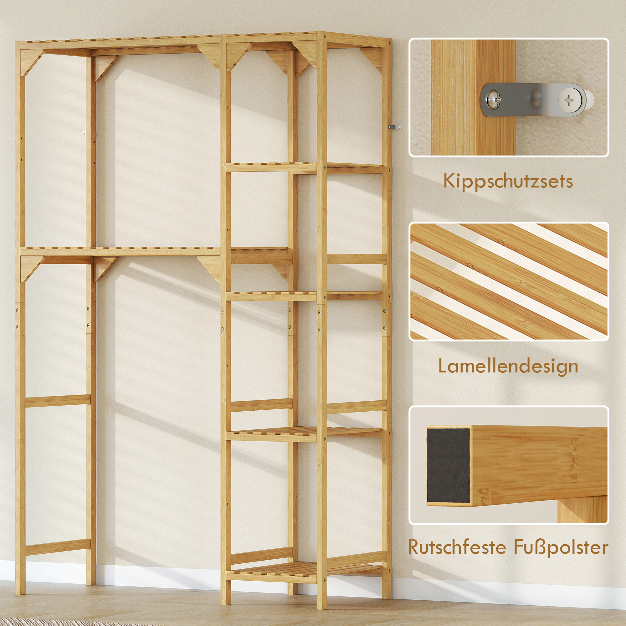 Waschmaschinenregal, mehrere offene Fächer, für Wäsche, Zubehör, Bambusholz