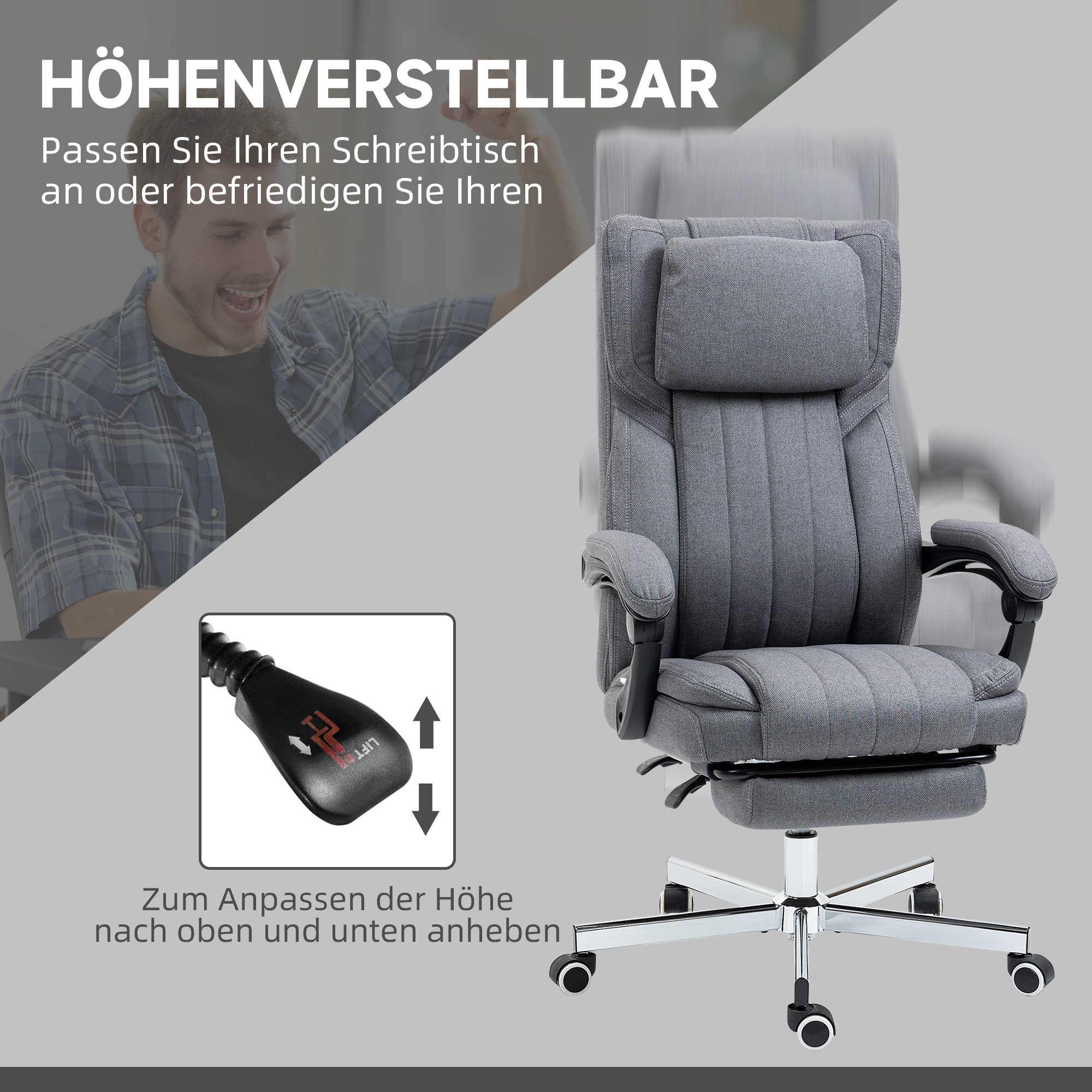 Bürostuhl mit Massagefunktion, neigbare Rücklehne, ausziehbare Fußstütze, Leinenoptik, grau, 65 x 61 x 113 cm