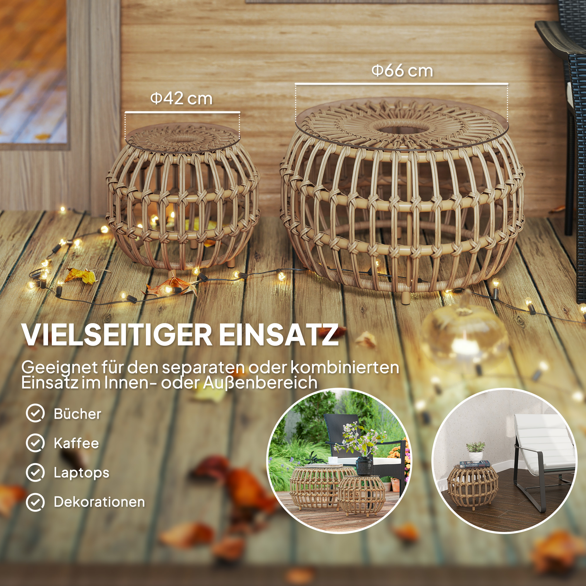 2er Set Beistelltisch Polyrattan Ø66/42 cm rund wetterfest Gartentisch mit Glasplatte Braun