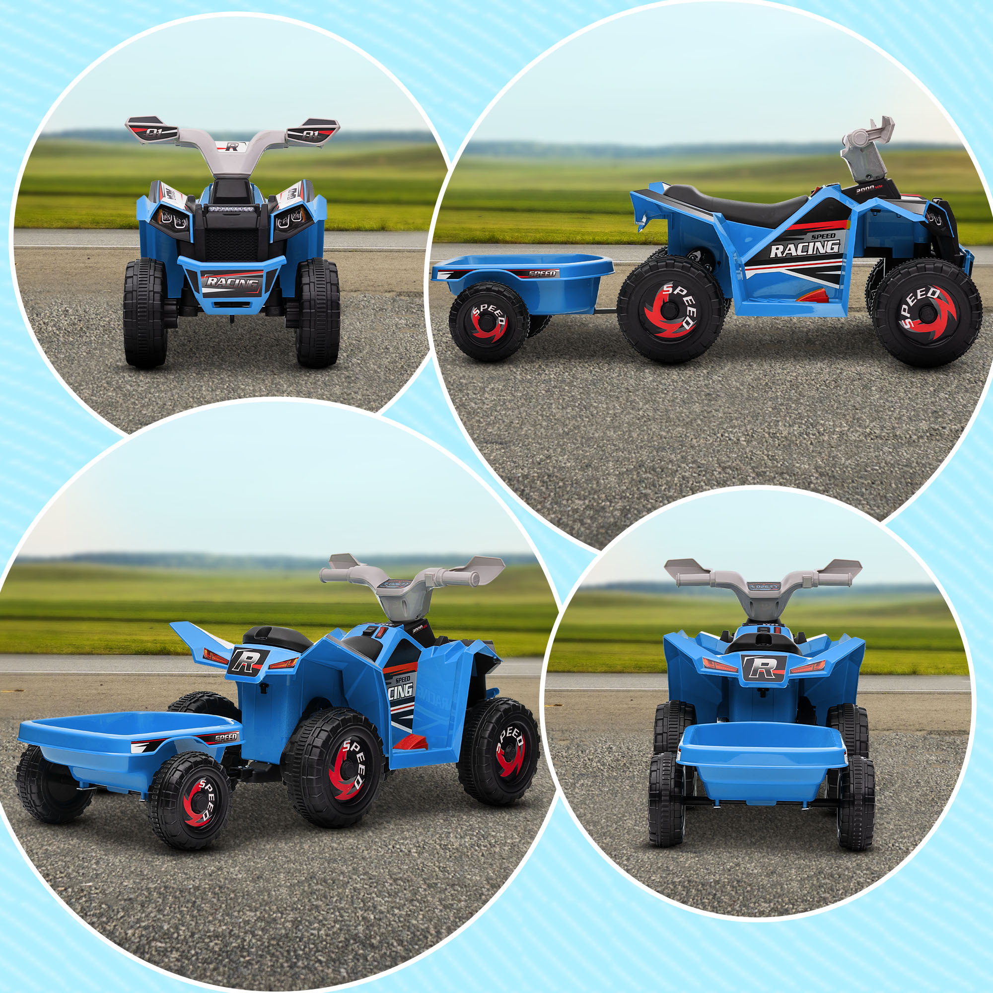 Kinderquad, aufladbar, 2,5 km/h, mit Anhänger, 50 Min. Fahrzeit, für Kinder 1,5 bis 3 Jahre, Blau