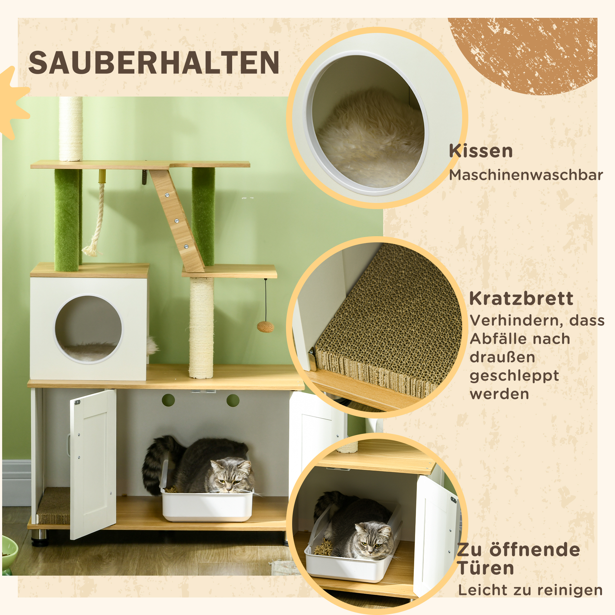 Kratzbaum Katzenbaum, inkl. Schrank, 1 Katzenhöhle, 80 x 48 x 160cm, 1 Leiter, Eiche + Weiß