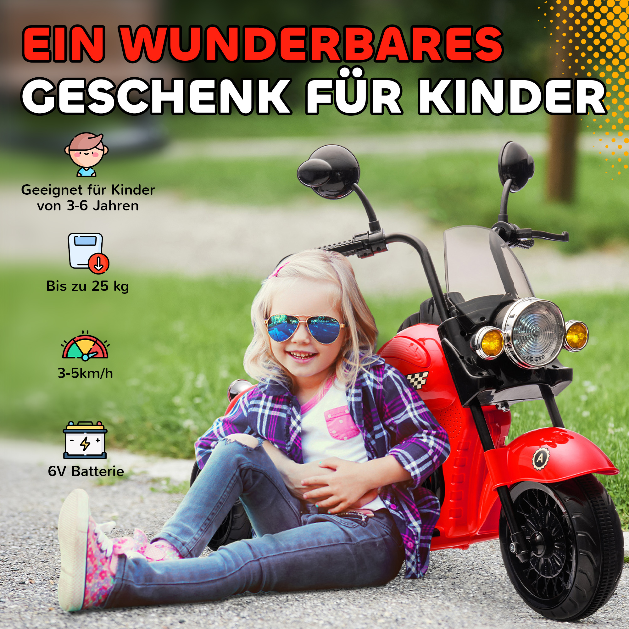 Elektro-Kinder-Motorrad, 3 Räder, 6V Batterie-Betrieb, Scheinwerfer, Musik, für Kinder im Alter von 3-6 Jahren, Rot