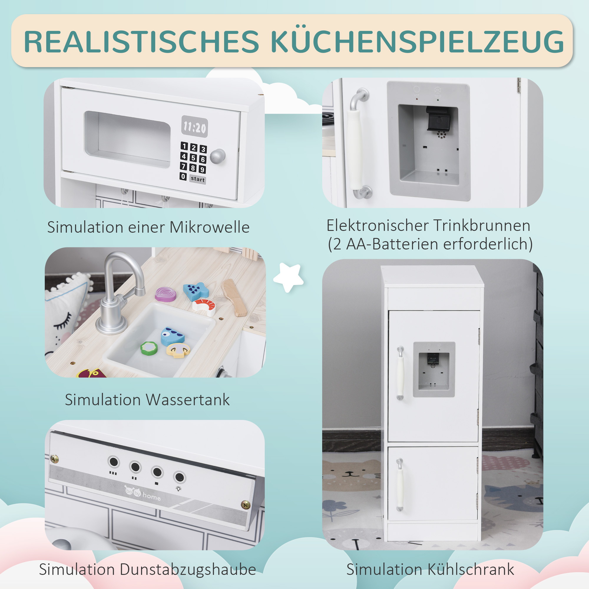 Spielküche, 14-tlg. Zubehör, elektr. Wasserspender, 86 x 64 x 84,5 cm, Weiß
