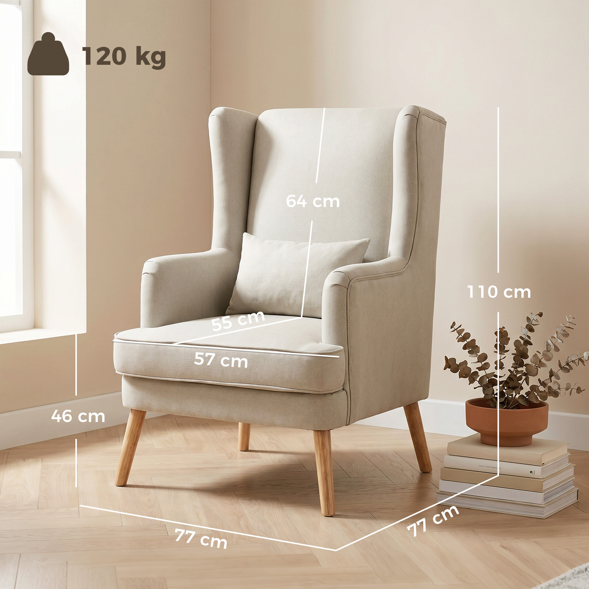 Akzentstuhl, Sessel mit Leinen-Optik, hoher Rückenlehne, breitem Sitz, Lendenkissen, Beige