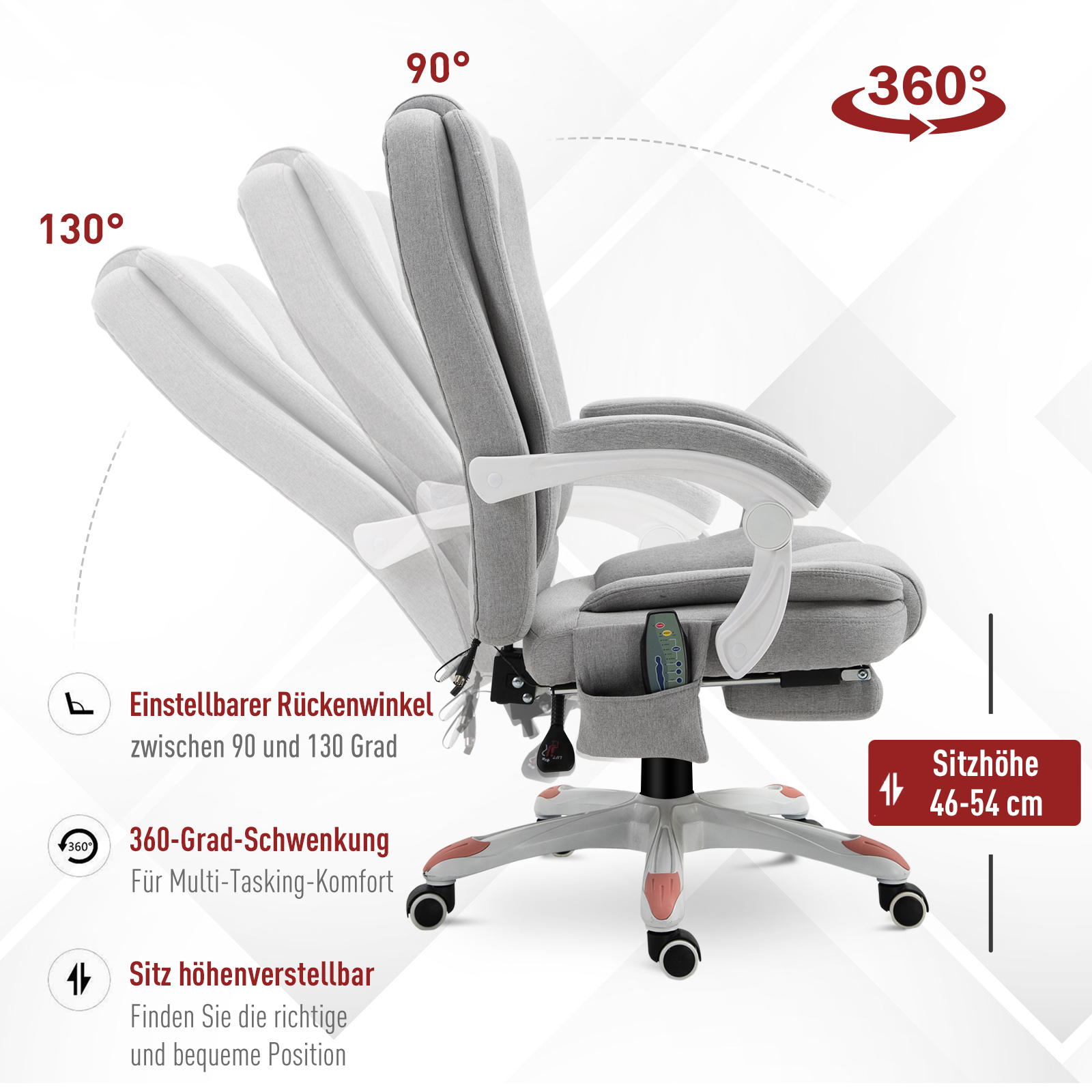 Massage Sessel, Bürostuhl, Gaming Stuhl, Polyester, Schaumstoff, Nylon, Grau, 66 x 63 x 107-115 cm