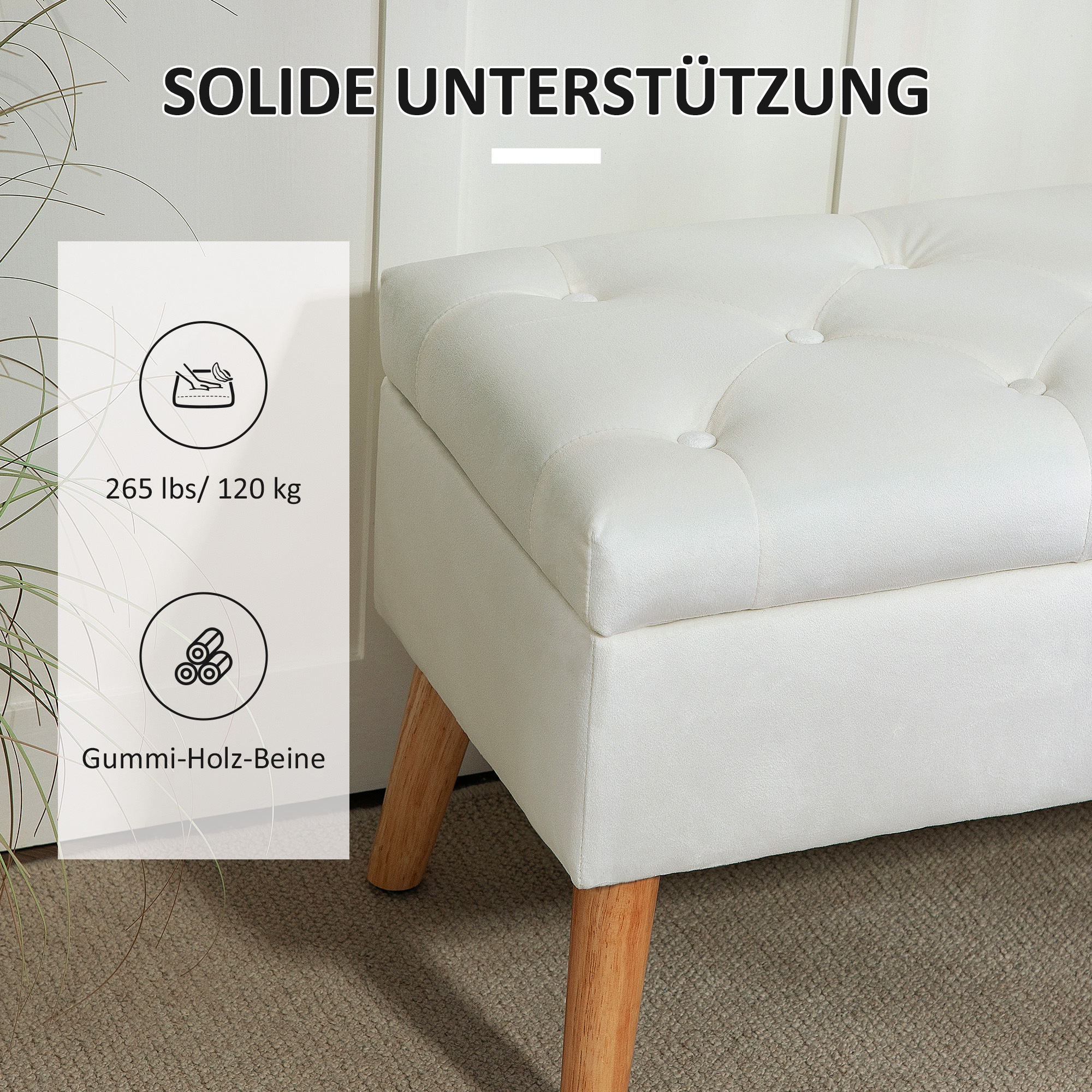 Polsterbank mit Stauraum, Stoffbezug in Samtoptik, Holzbeine, für Wohnzimmer, Schlafzimmer, Flur, 80 x 35 x 42 cm, Weiß