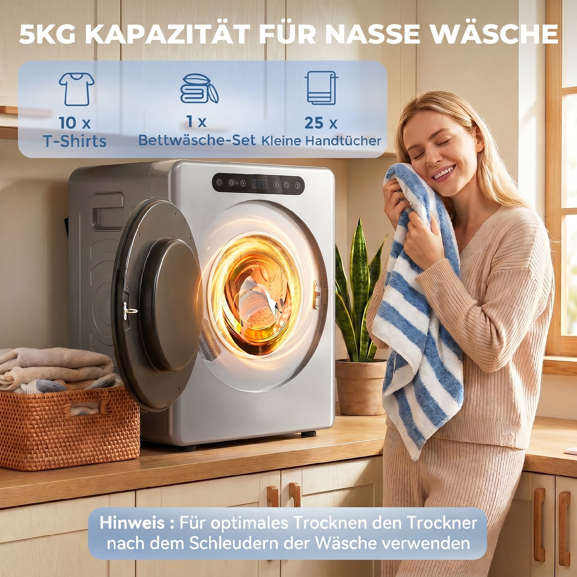 5kg Ablufttrockner, 1000W Kompakter freistehender Frontlader-Wäschetrockner mit Edelstahltrommel, Timer, Silber