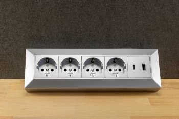 4-fach Steckdosenblock, USB-A+C, silber, 250V~/ 16A, Aufbaumontage, USB 3,1A, PD