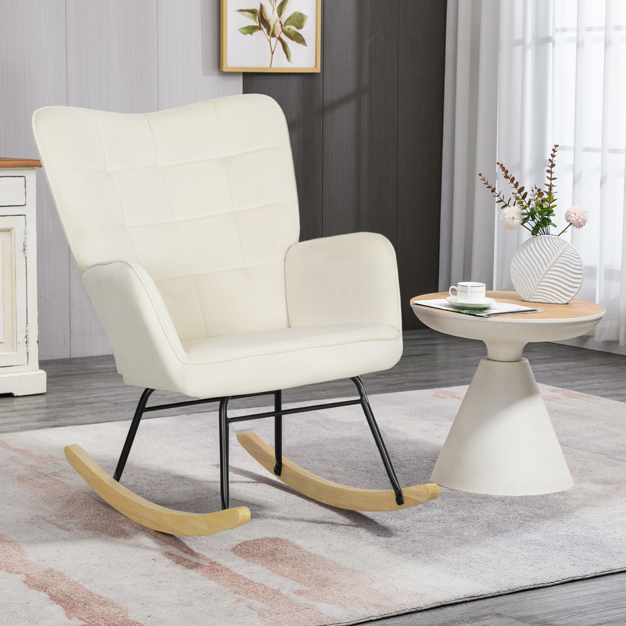 Schaukelstuhl, dicke Polsterung, breite Rückenlehne, Buchenholz/Stahlrahmen, bis 120 kg, Beige