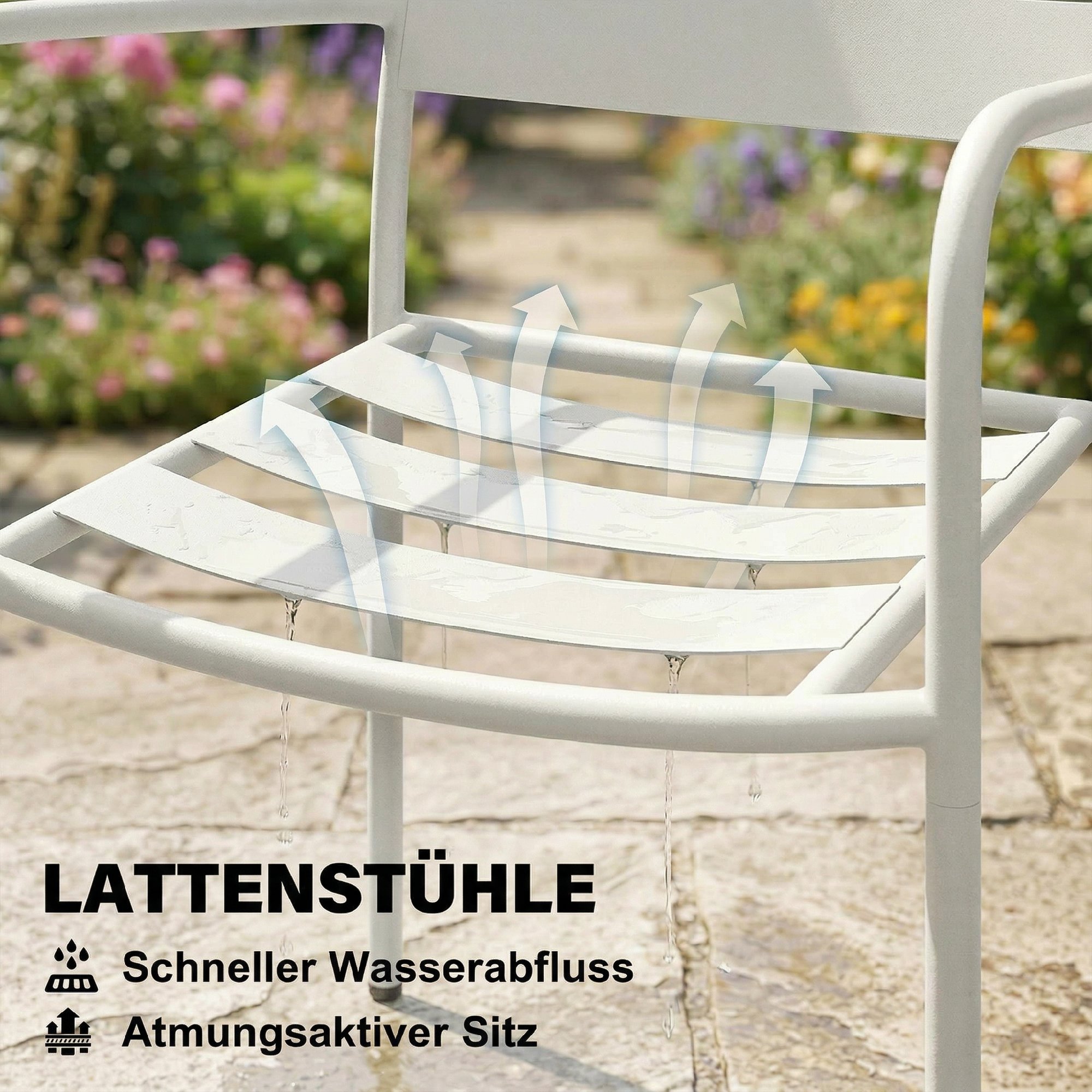 Bistroset 3 teiliges Metall Gartenmöbel-Set mit 2 Gartenstühlen, Glastisch, Lamellen-Design, Rostbeständig
