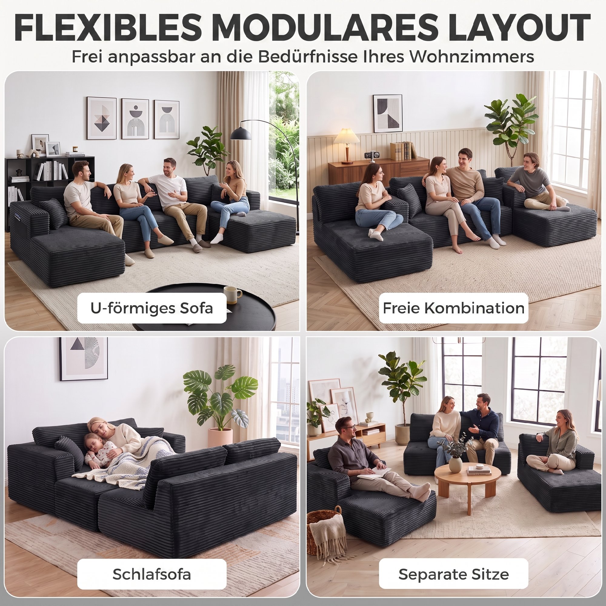 Modulares U-Sofa mit 2 Chaiselongues, Cord-Schlafsofa mit hochdichtem Schaumstoff und Federpolsterung, Dunkelgrau