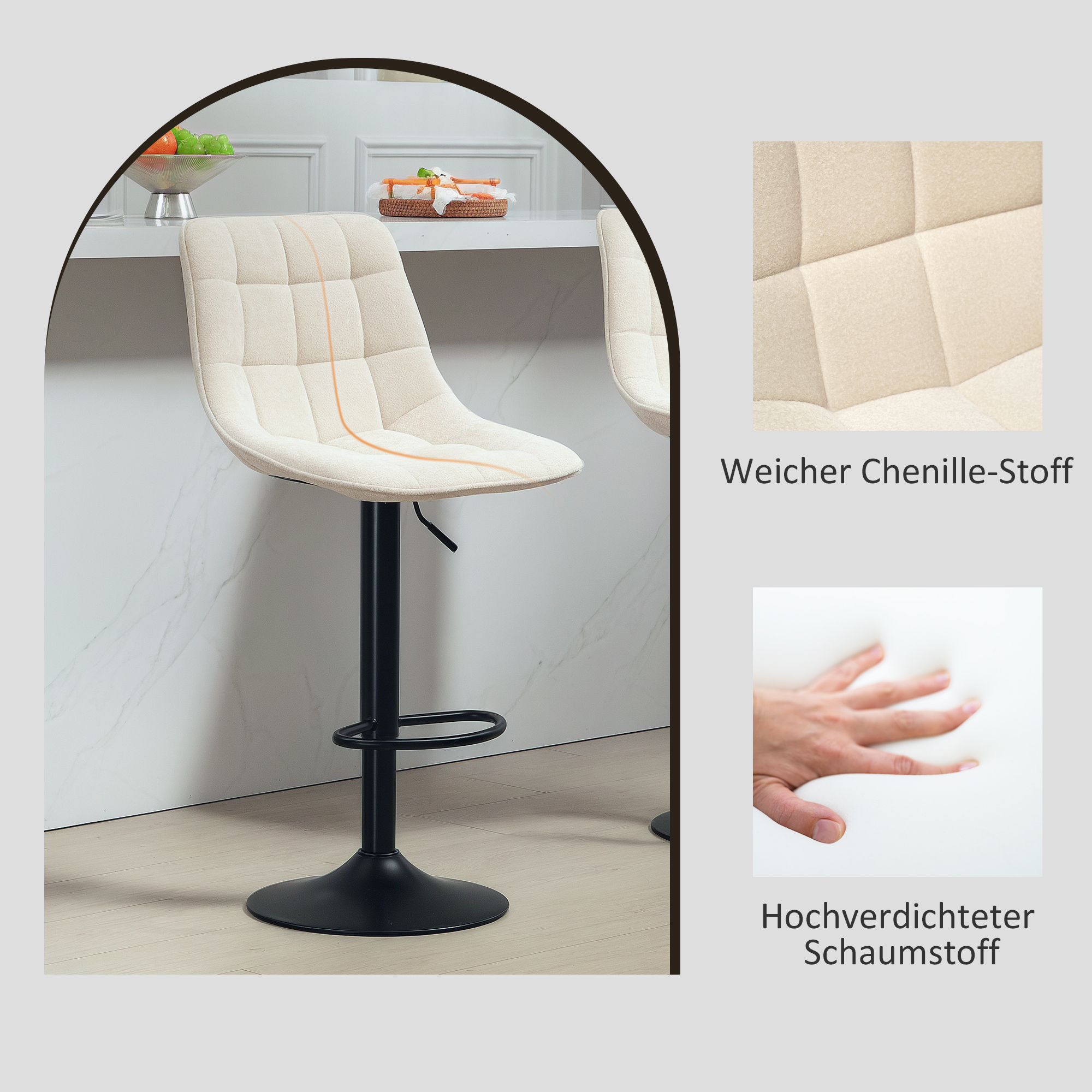 Moderner Barhocker, 2er-Set drehbare Barstühle mit Rückenlehne, höhenverstellbar, mit Fußstütze, gepolstert, Beige