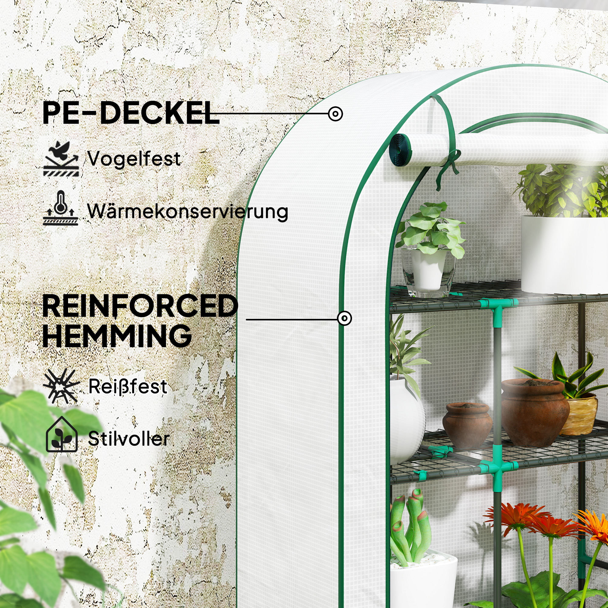 Mini-Gewächshaus, 4-stufiges Gewächshaus mit Kunststoff-Plane, tragbar, Rolltür, 100 x 45 x 160 cm, Weiß