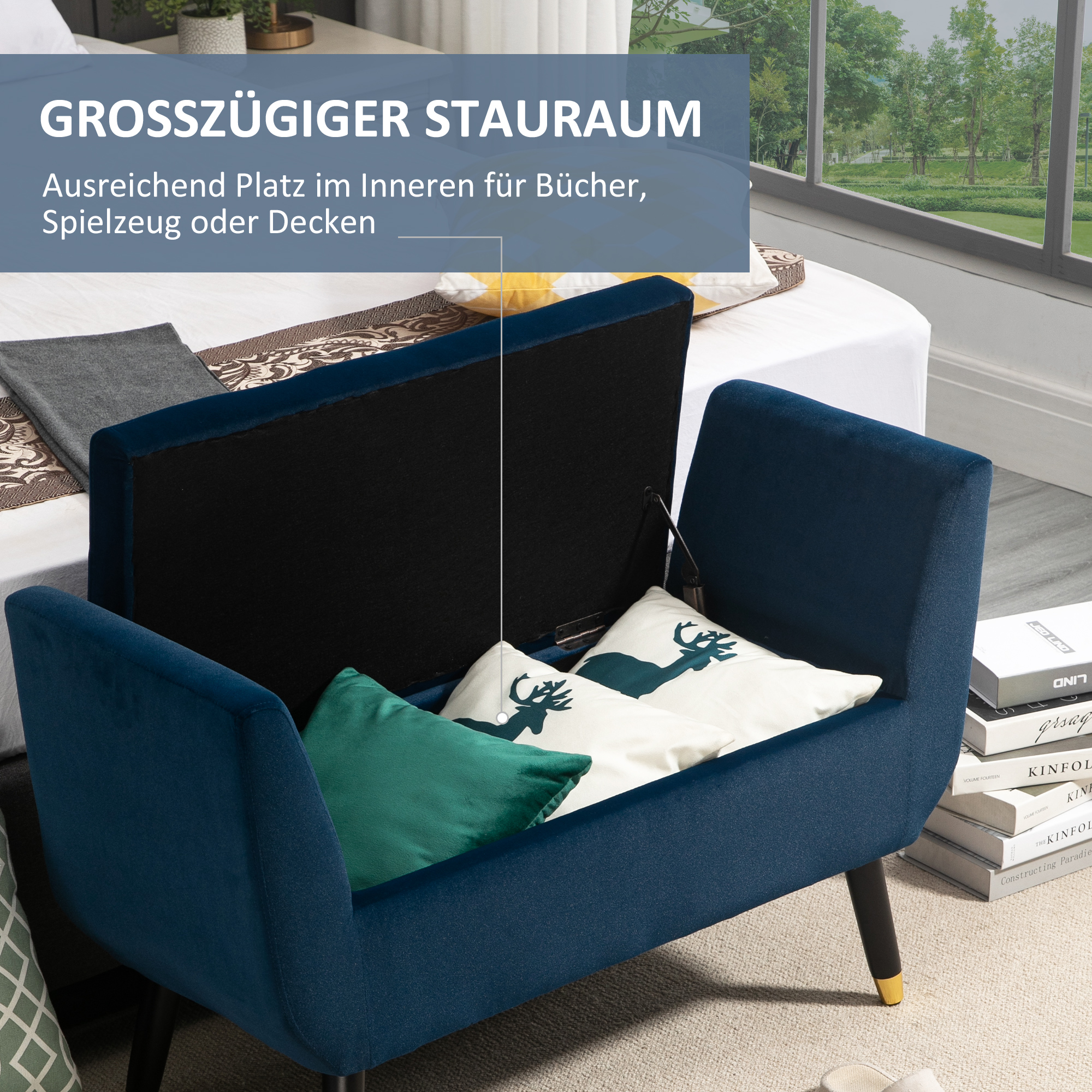 Sitzbank mit Stauraum Armlehnen Polsterbank mit Samtoptik, Sitztruhe mit Holzbeine, Truhenbank für Wohnzimmer Schlafzimmer Flur 107 x 42 x 65 cm, Blau