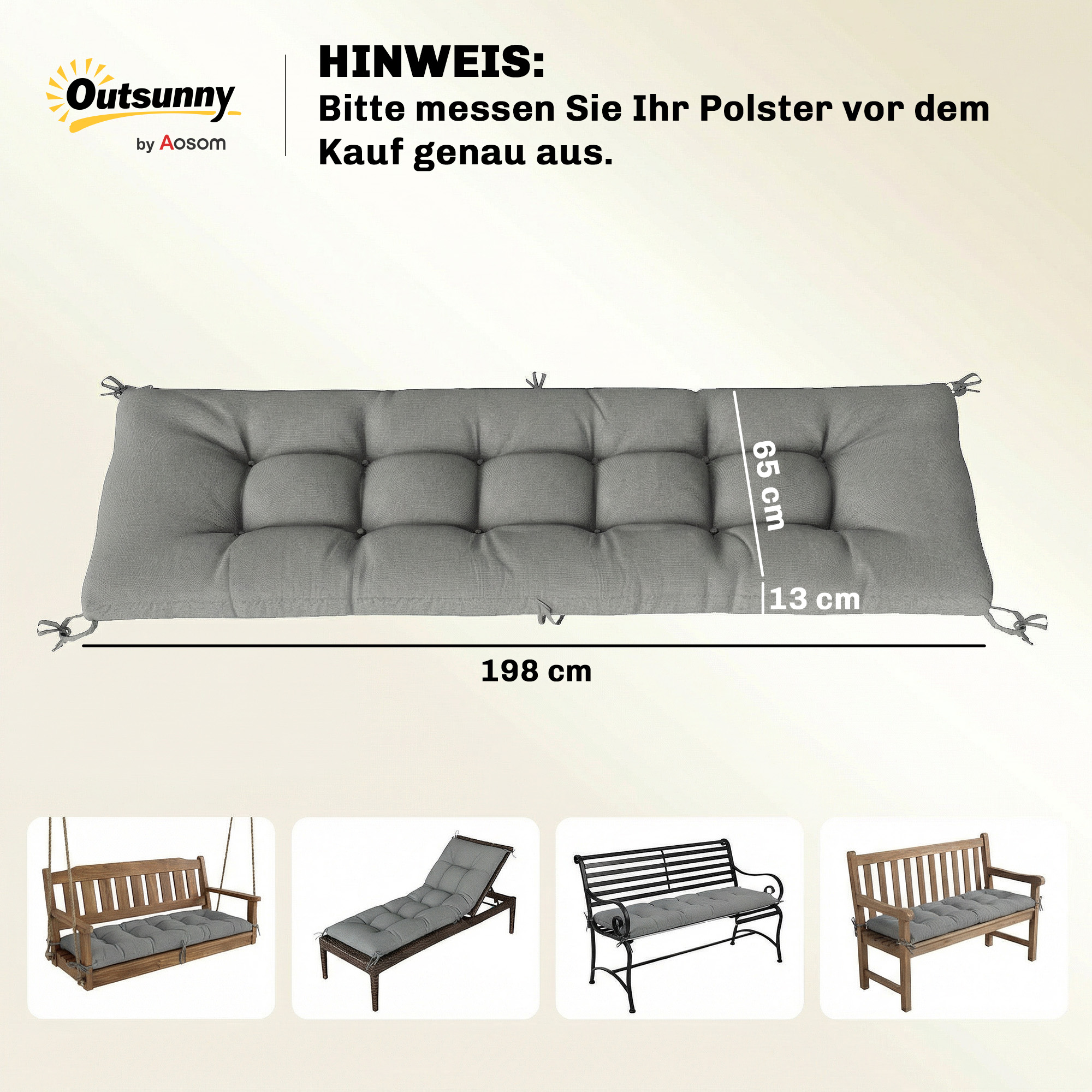 Palettenkissen Abnehmbar Sitzkissen mit Befestigungsbändern Palettenpolster für die meisten Liegen 198x65x13cm Hellgrau