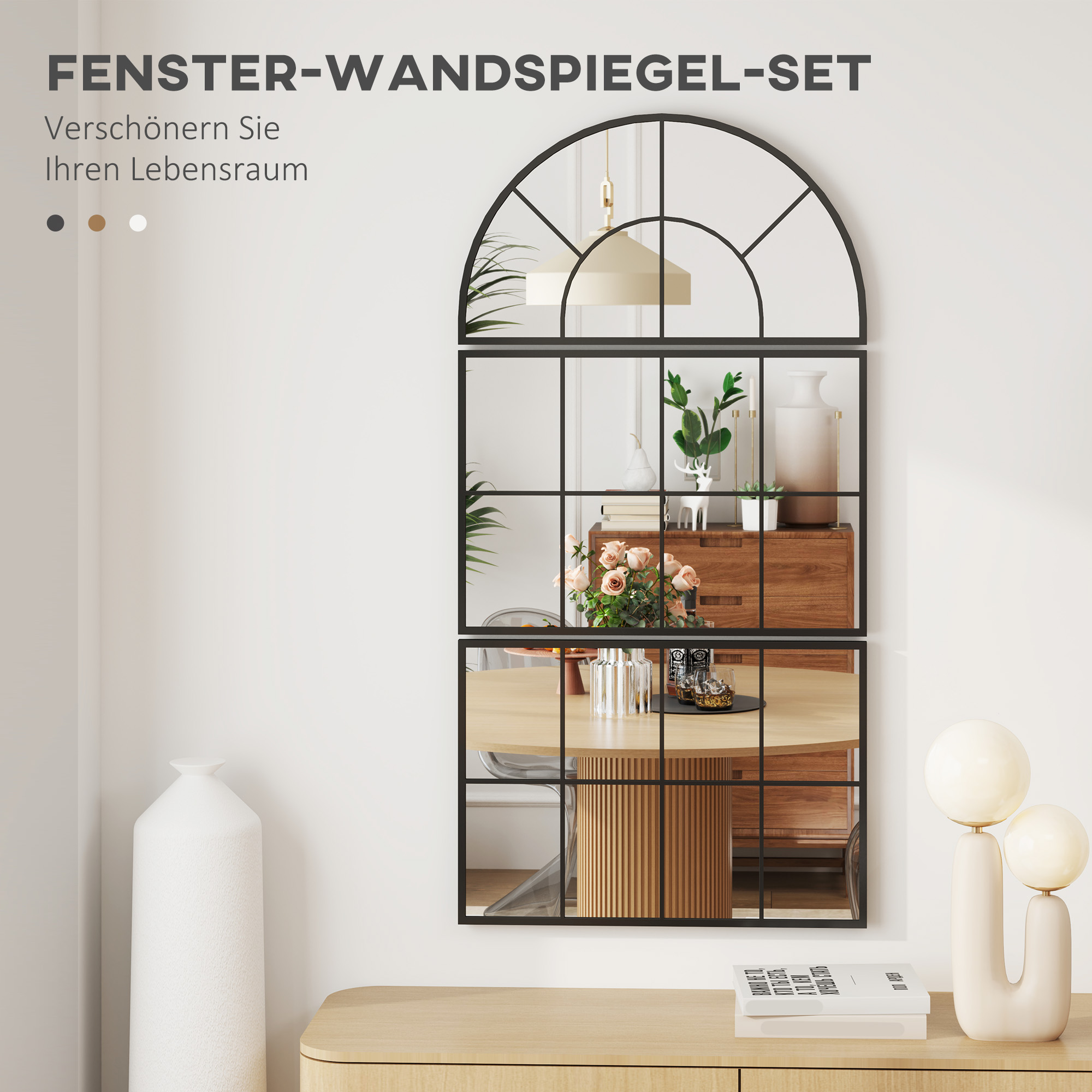 Wandspiegel, Fensterspiegel, dreiteilig, Metallrahmen, 76 x 53 cm, Schwarz