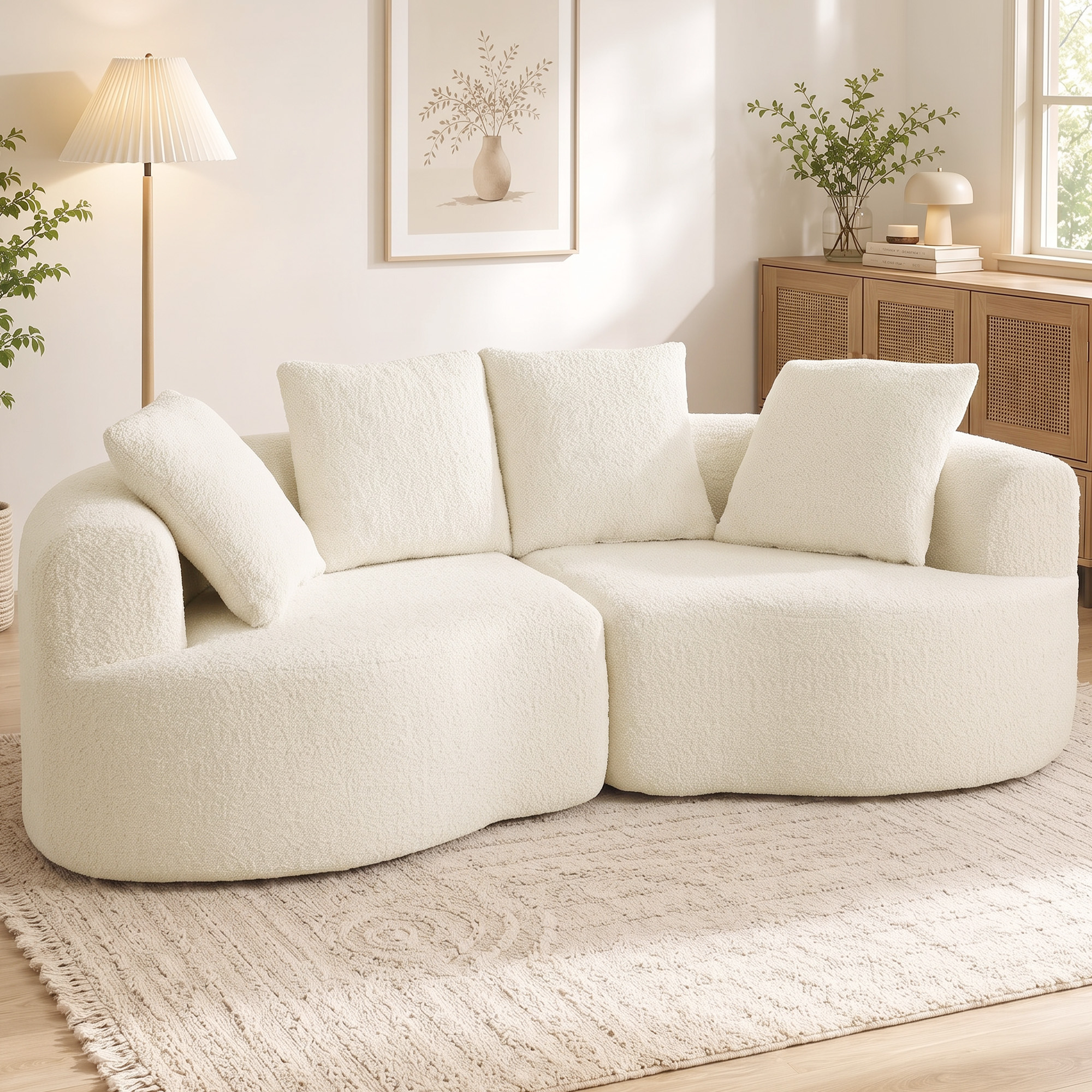 Sofa 3 Sitzer 207 cm Cloud Sofa mit Chenille-Optik, 4 Wurfkissen für Schlafzimmer, Werkzeugfreie Montage, Cremeweiß