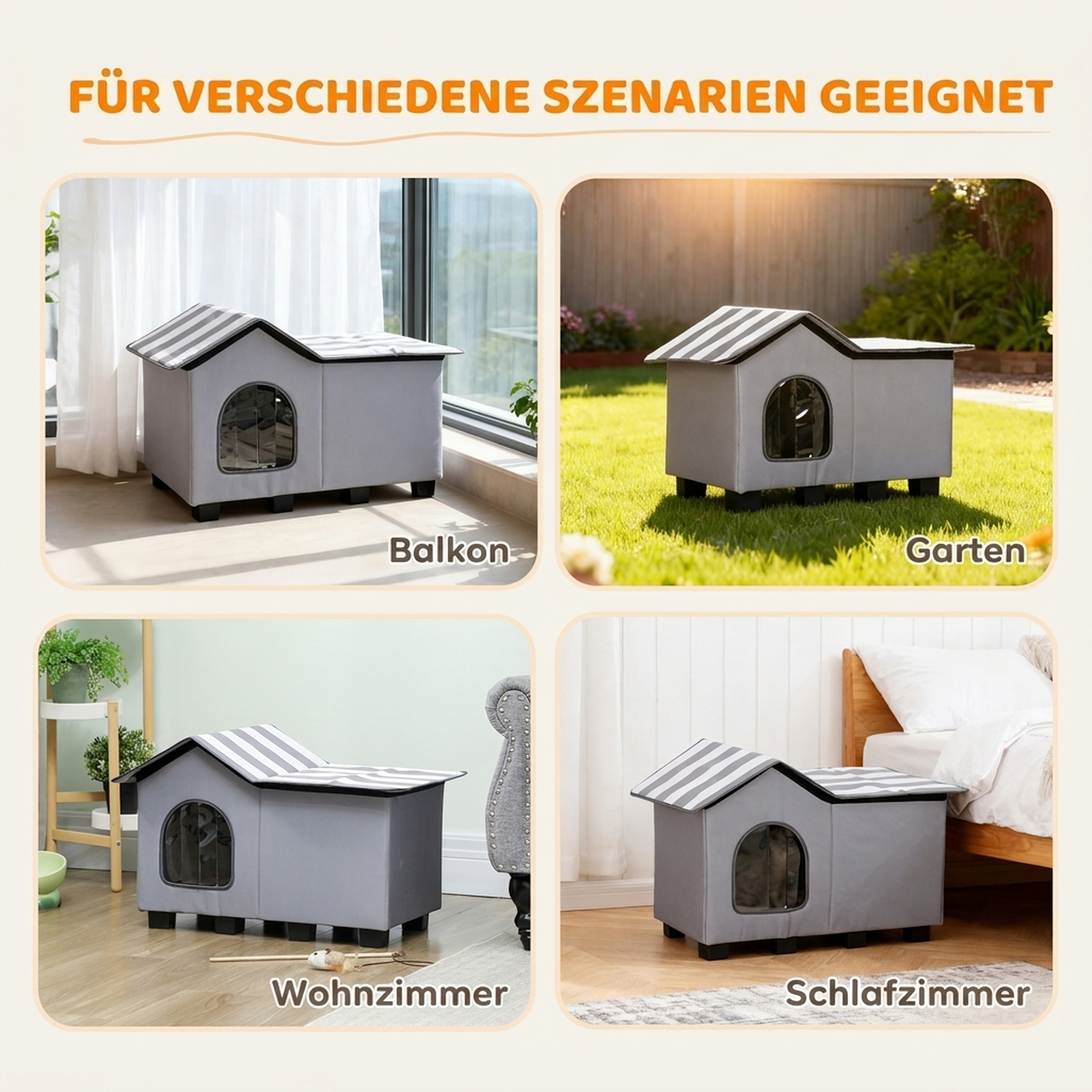 Katzenhaus Wasserabweisend Katzenhütte mit Abnehmbar Satteldach Wärmeisolierung Plattform 70x43x45 cm Oxforfstoff Grau
