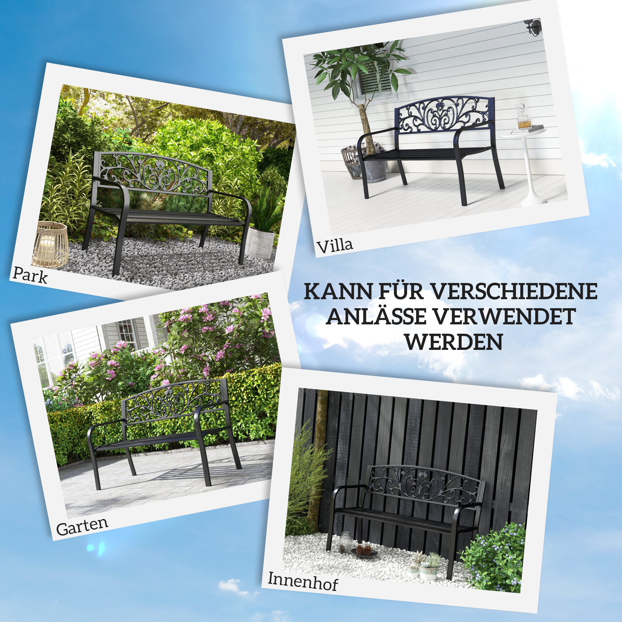 Metallgartenbank, Blumendesign, 2-Sitzer, 240 kg Tragkraft, Stahl, 127L x 60B x 87H cm, Schwarz