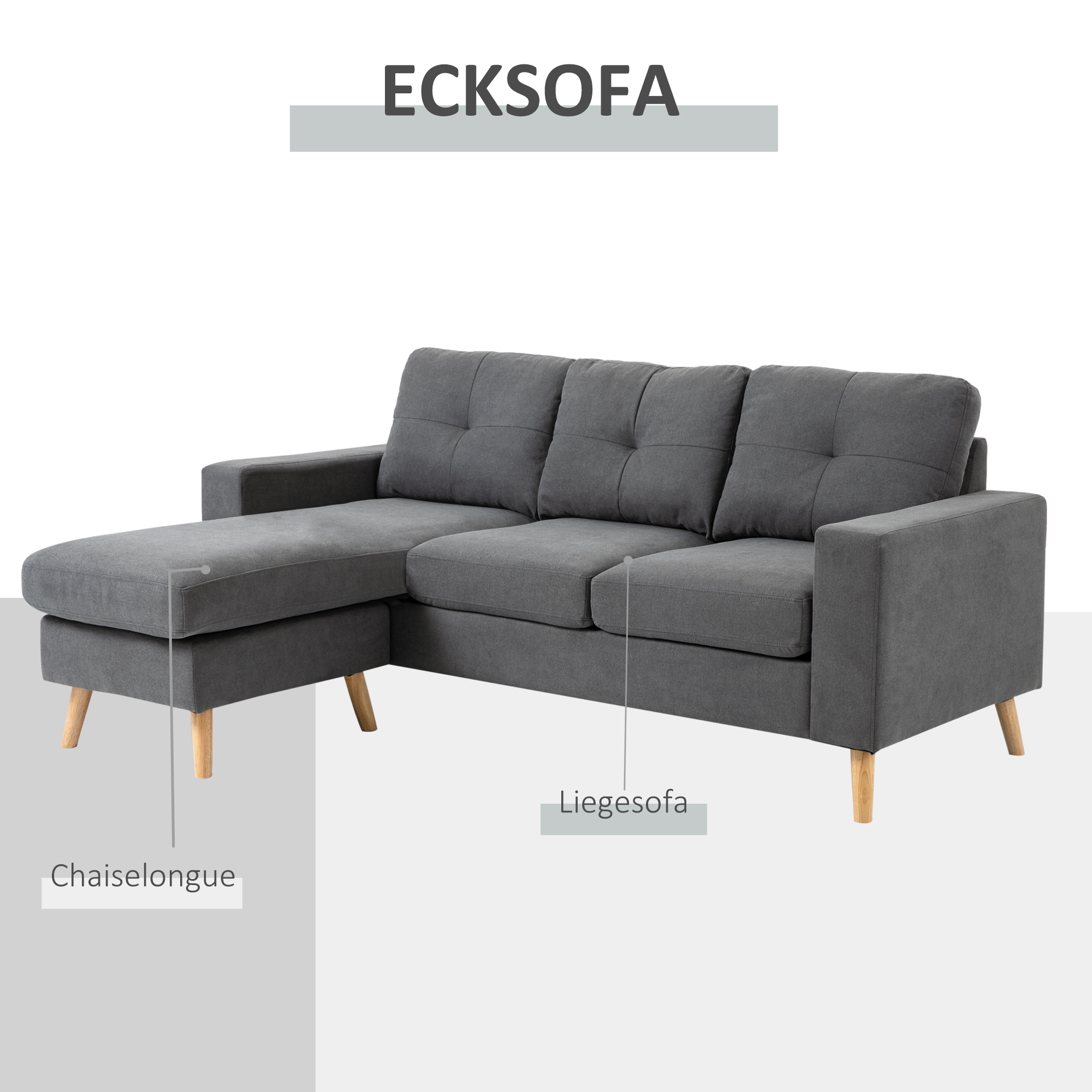 Ecksofa im Skandidesign, mit Knopfheftung, Massivholz, Leinenoptik, Grau