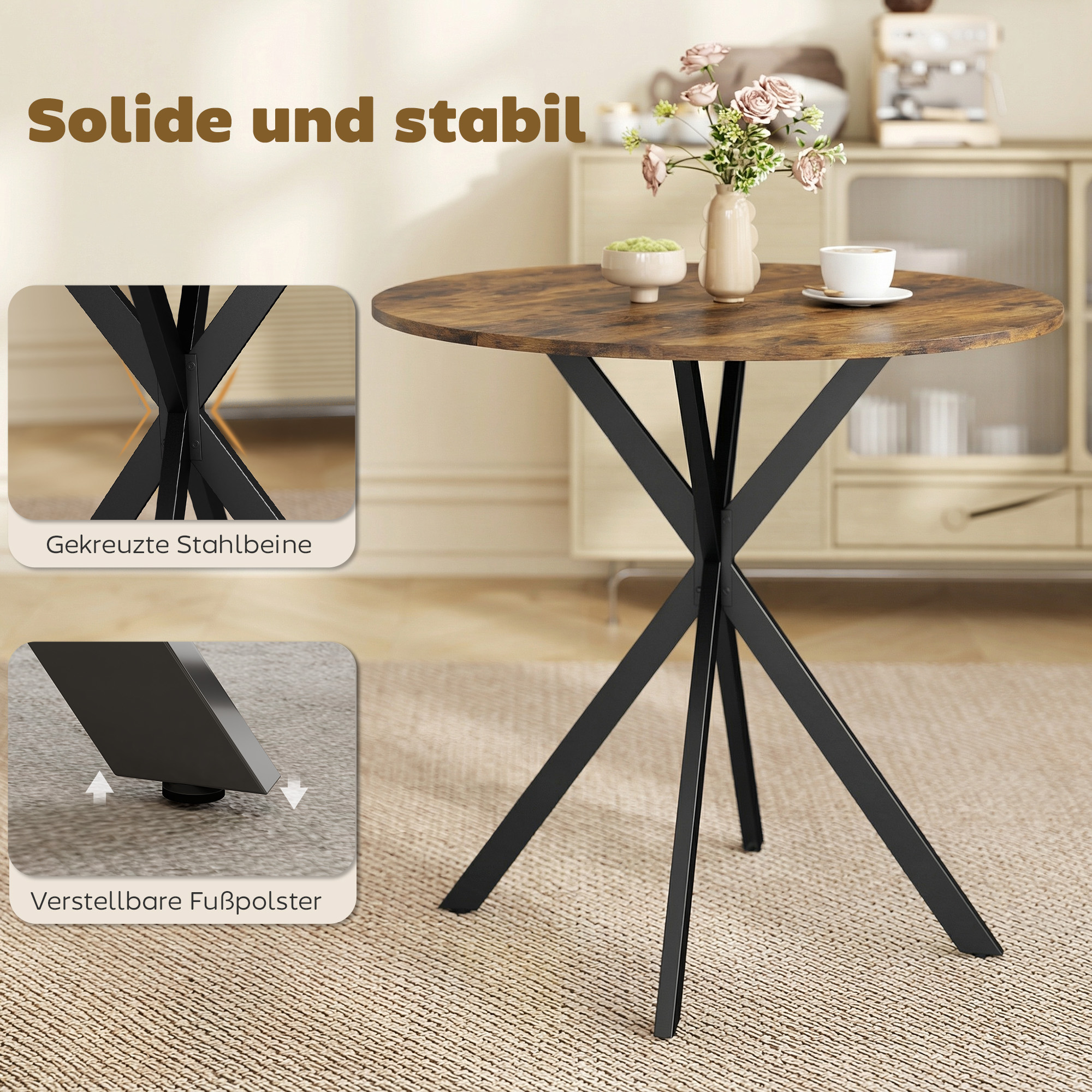 Runder Küchentisch, 80 cm, kompakte Tischplatte, Spanplatte, Metall, Rustikal-Braun