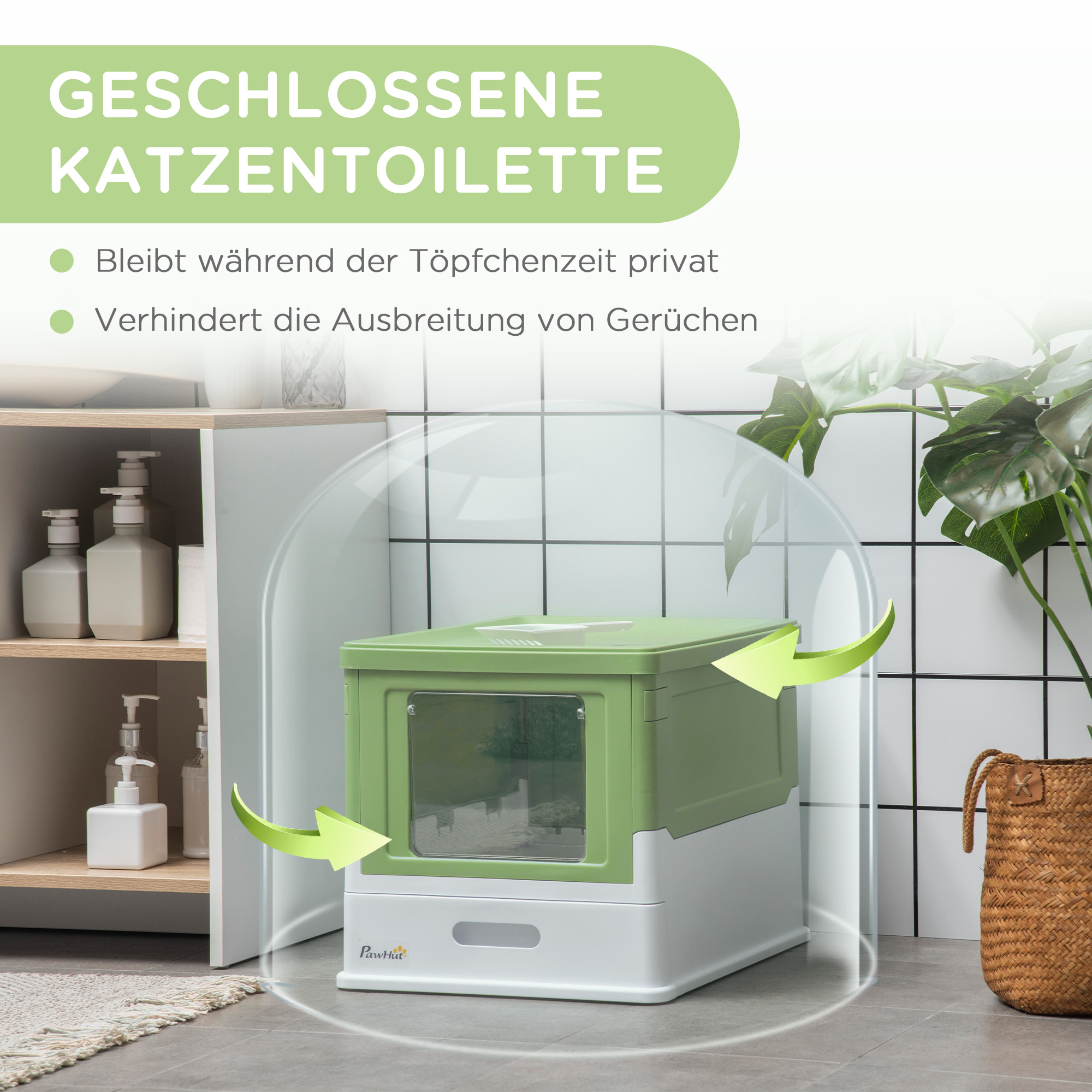 Katzentoilette, klappbar, 2 Türen, Streuschaufel, 47,5x35,5x36,7cm, Weiß/Grün