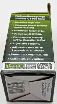 Einbau-Bewegungsmelder "CT-PIR Mini" / 230V, 800W, Ø 15mm, LED geeignet, weiß