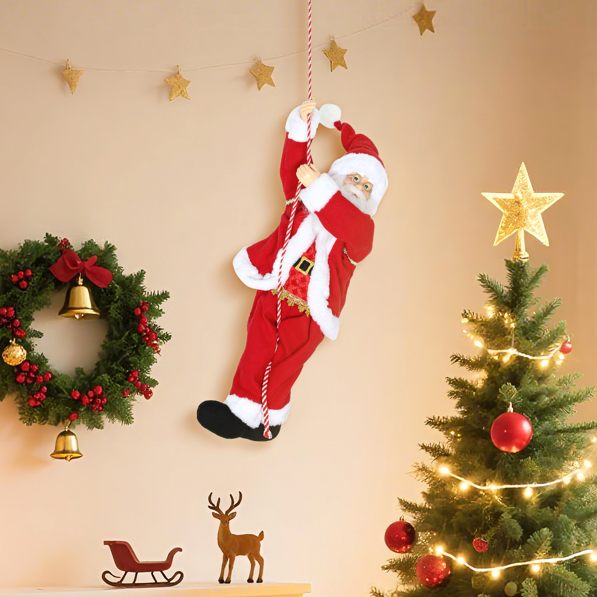 Weihnachtsmann 60 cm Singend und Kletternd Weihnachtsmann mit Geschenk Seil Soundfunktion Indoor, Rot