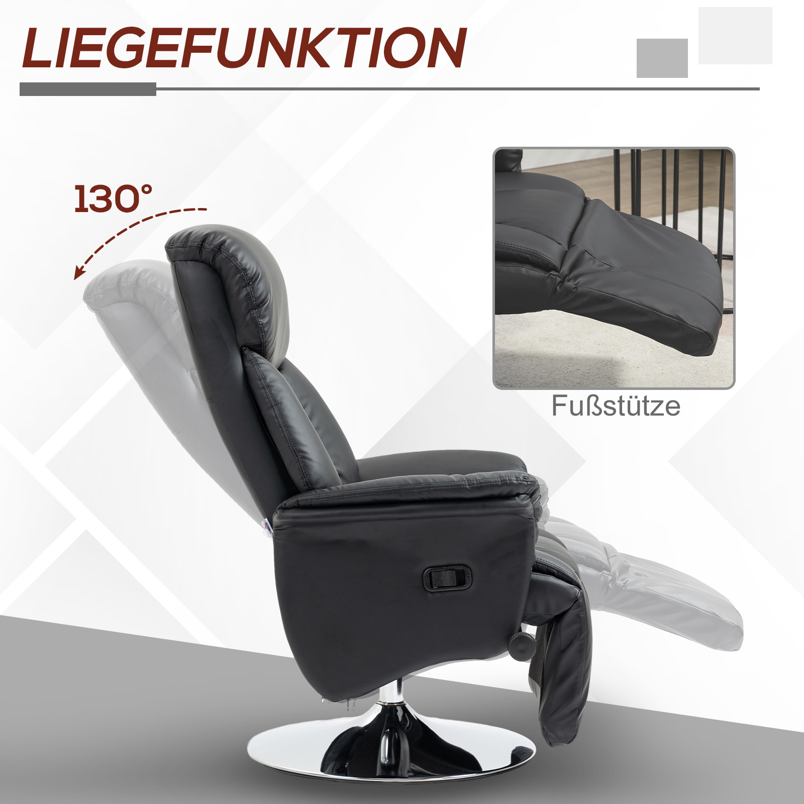 Relaxsessel, Liegefunktion, Lederoptik, Fußstütze, bis 150 kg, 78 x 80 x 109 cm, Schwarz