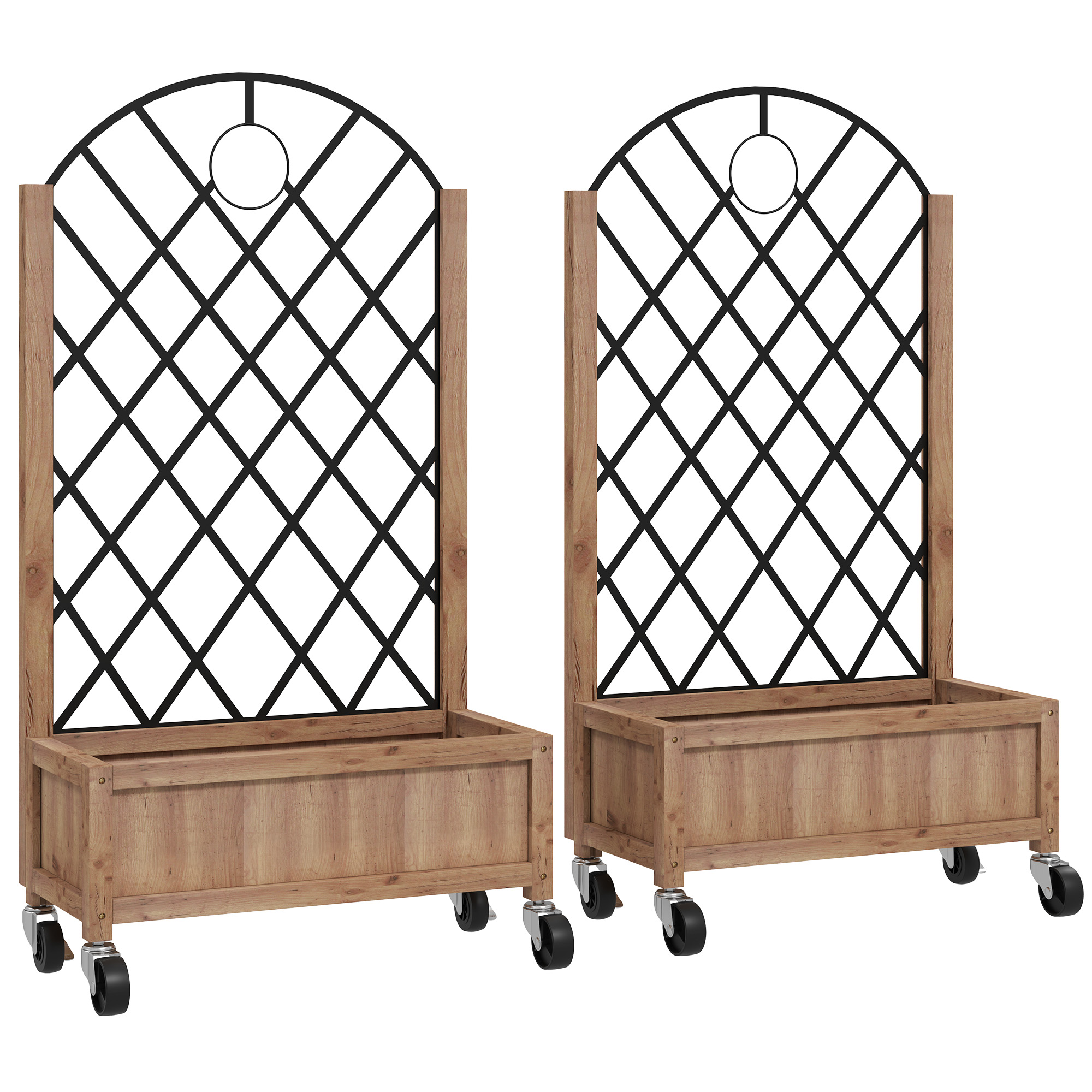 2er Set Hochbeet Pflanzkasten mit Rolle, Rankgitter, Spalier Pflanzkübel Blumenkasten Holz 52x25x97cm Braun
