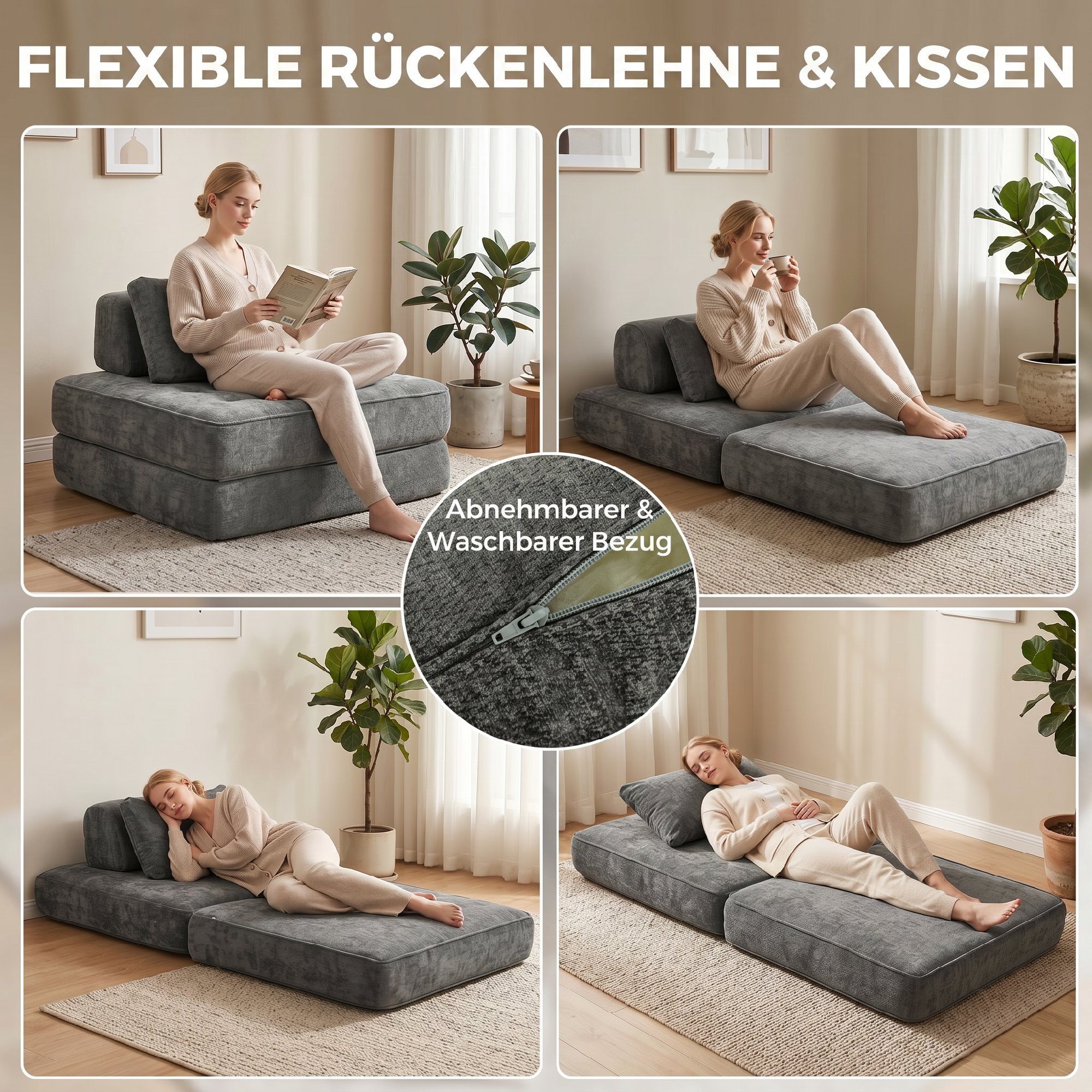 2-in-1 Boneless Cloud Schlafsessel, Klappbares Chenille-Bodensessel mit Dickem Stützkissen, Grau