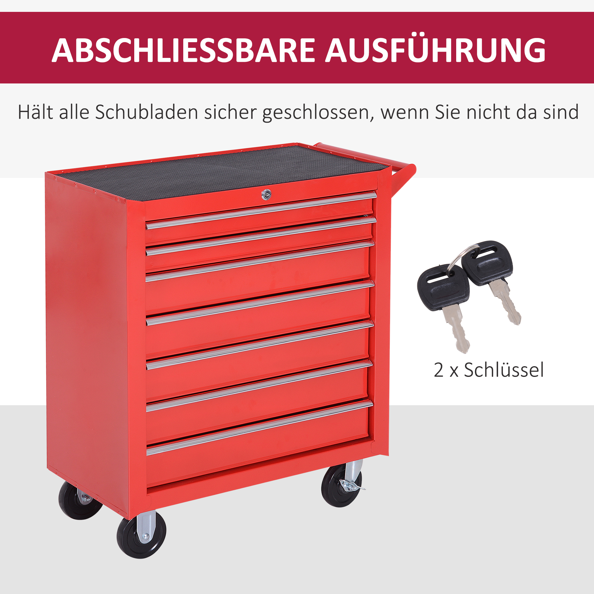 Werkzeugwagen, 2 kleine & 5 große Schubladen, Stahl, bis 150 kg, 69 x 33 x 75 cm, Rot