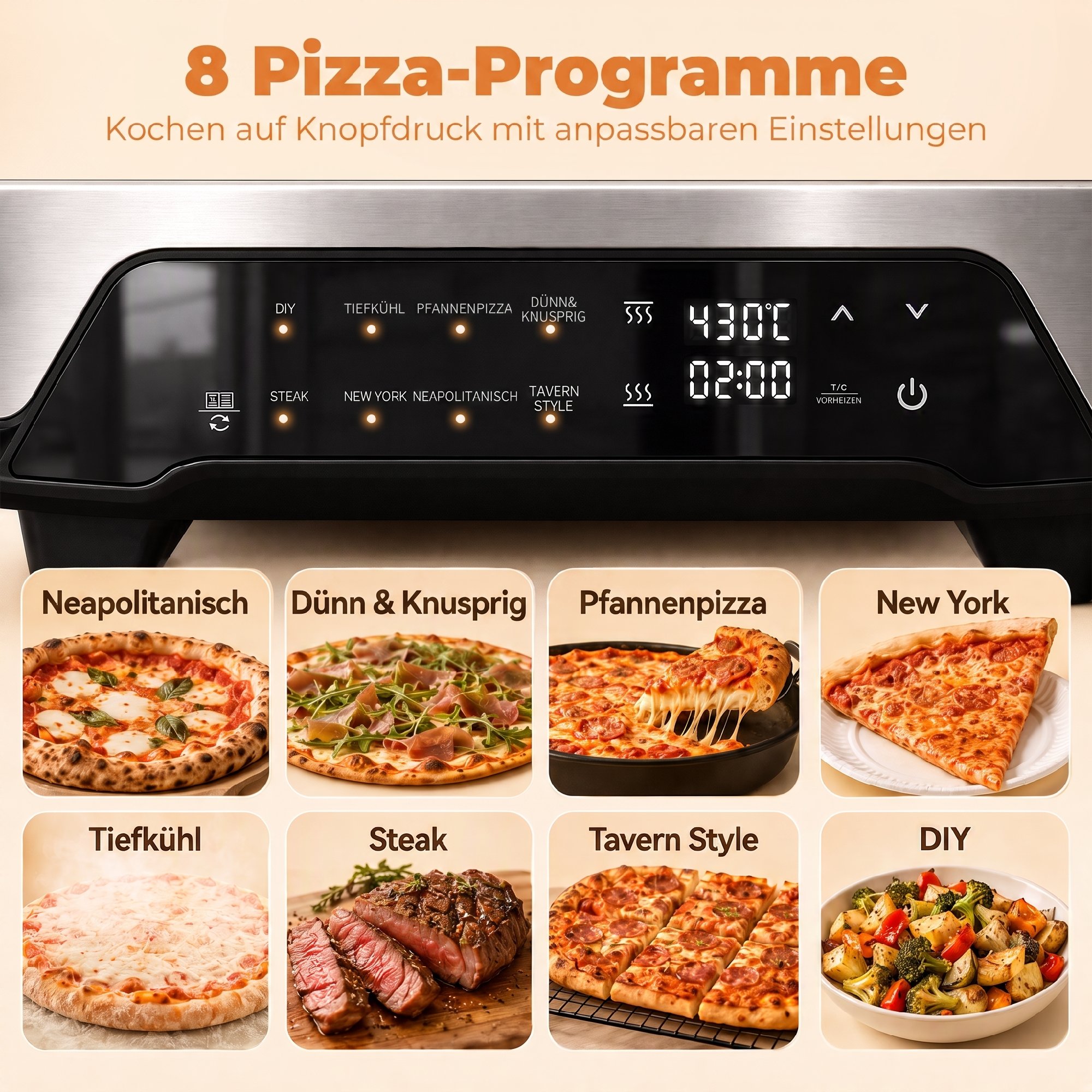 Pizzaofen für innen, 12 Zoll elektrischer Pizzaofen mit 8 Programmen, 430 °C, Timer, Keramikstein, 2200 W