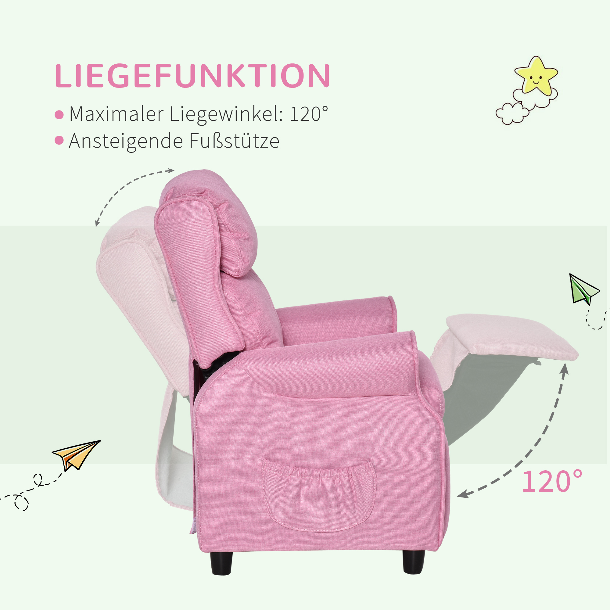 Kindersofa Kindersessel mit Fußstütze Armlehne verstellbare Rückenlehne Relaxsessel Kindercouch Stuhl Liegecouch Kinder Sofa für 3-5 Jahre Jungen und Mädchen Rosa