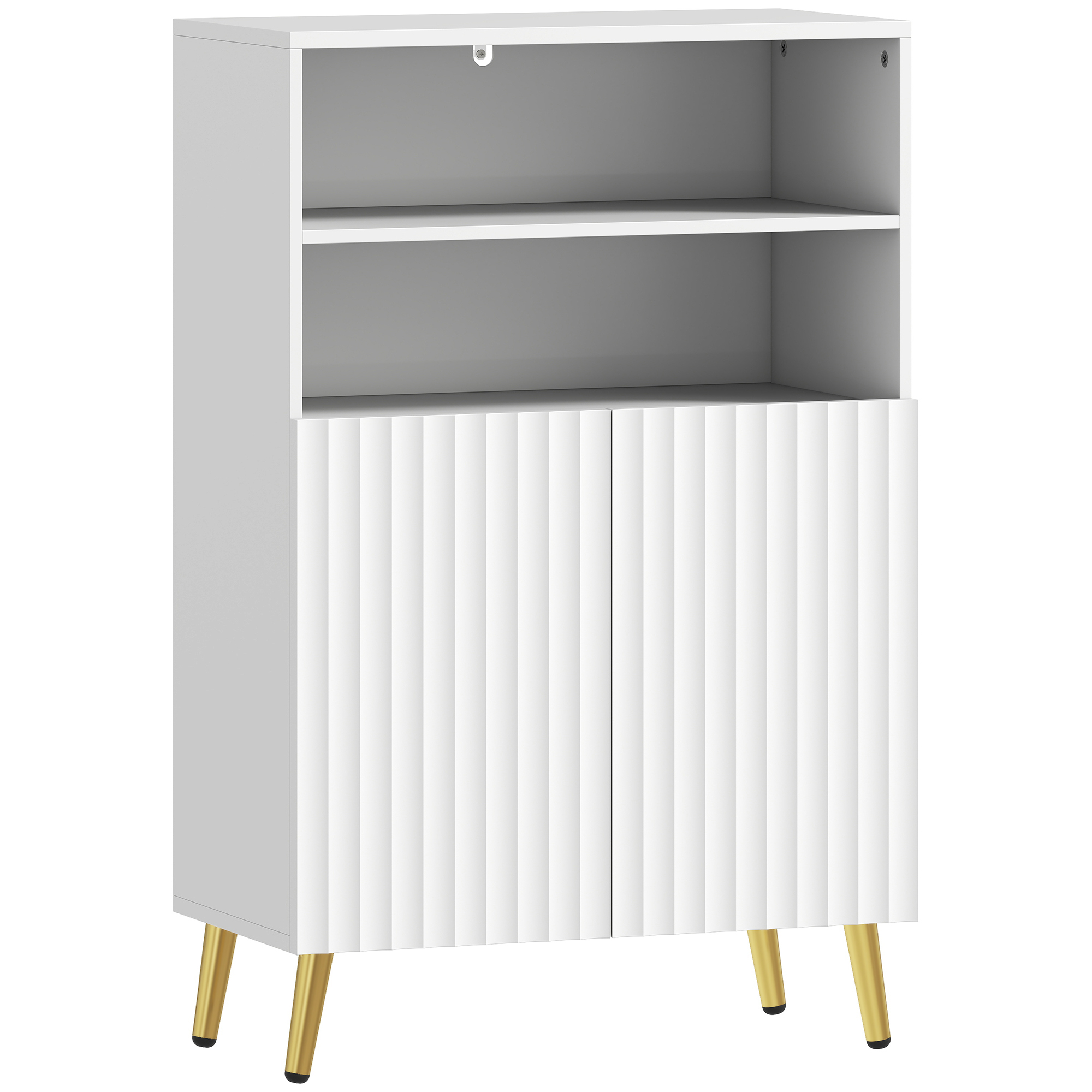 Badezimmerschrank, Kommode für Wohnräume, Soft-Close-Türen, 2 offene Regale, MDF, Weiß
