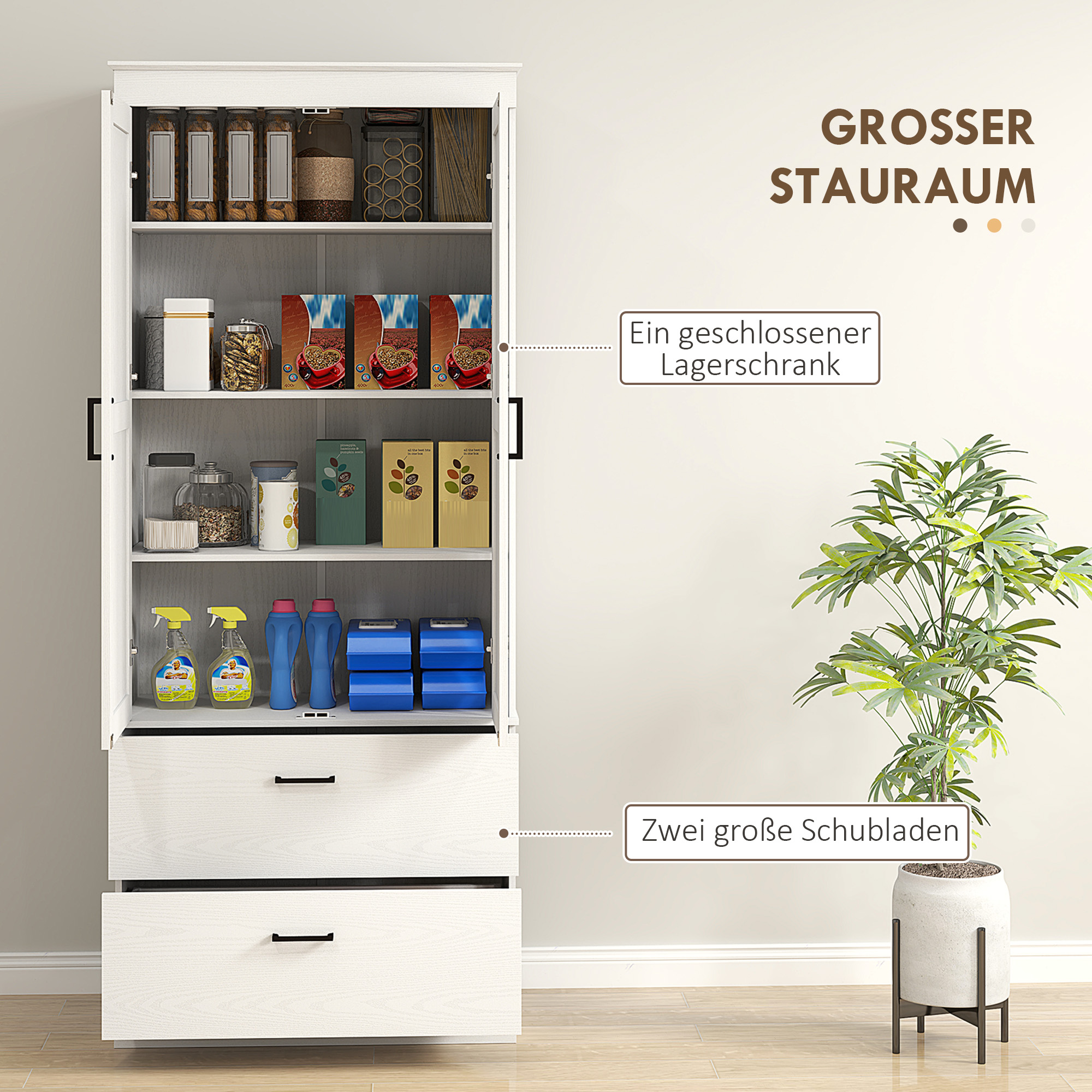 Freistehender Küchenschrank mit verstellbaren Regalen und zwei breiten Schubladen für Wohnzimmer, Küche, Weiß