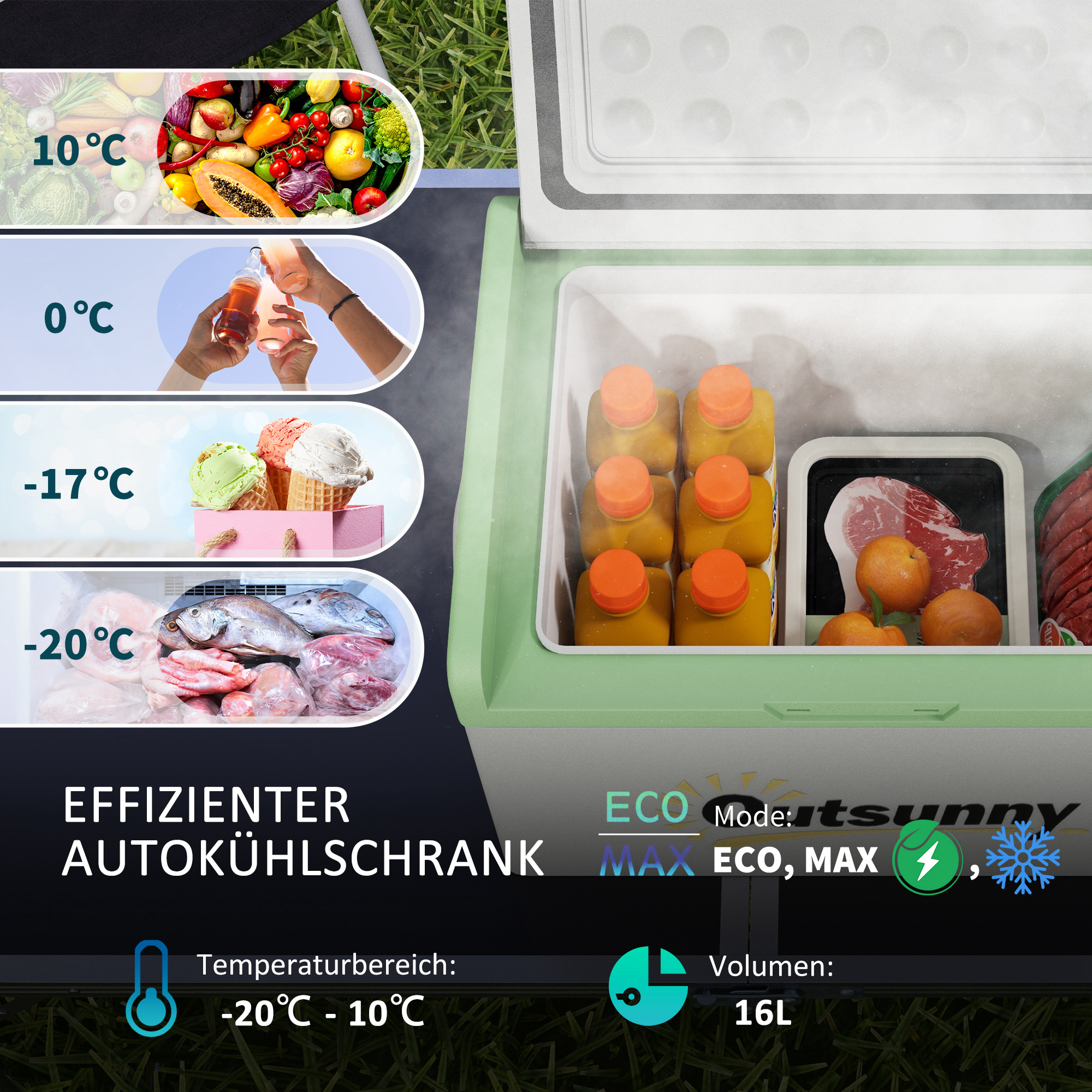 Autokühlschrank, Kühlbox, 16L, -20? bis 10?, ECO/MAX, 60x32x26cm, Grün/Grau