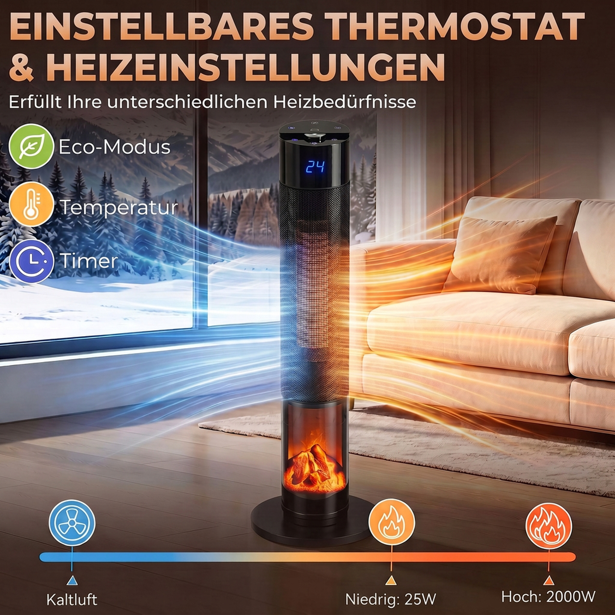Keramik Heizlüfter 2000W Thermostat 3D Flamme Elektroheizung Fernbedienung Schwarz