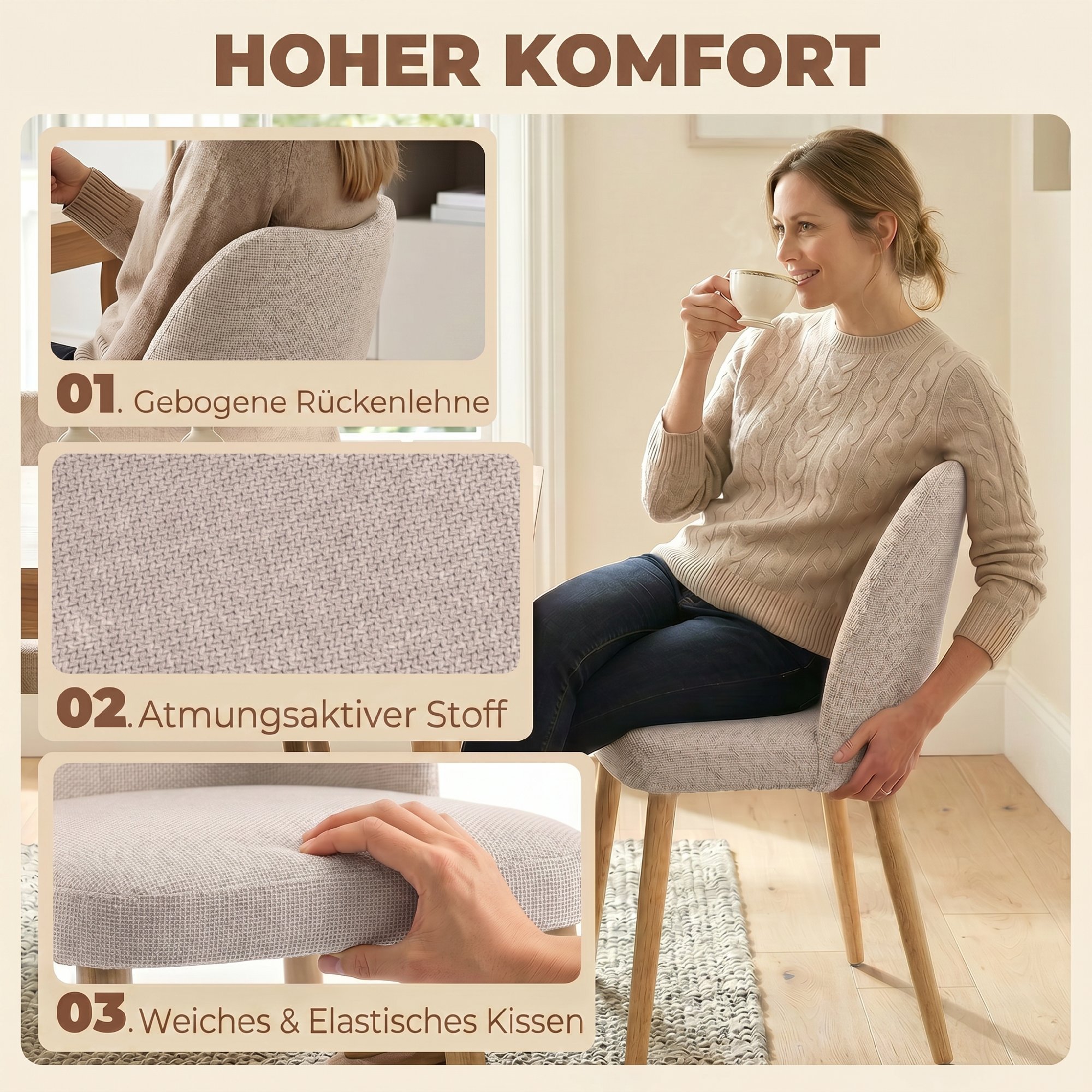 Esszimmerstühle 2er-Set, gepolsterte Küchenstühle mit Leinenoptik, für Esstisch, Wohnzimmer, Cremeweiß