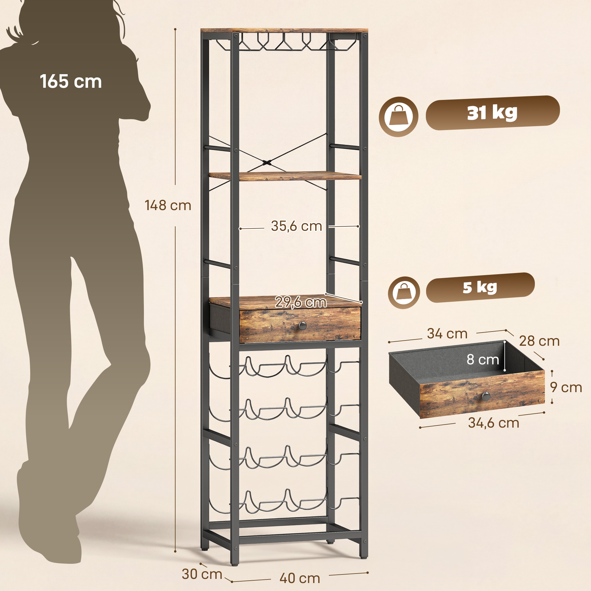 Weinbar-Schrank mit Schublade, Industrieller Barschrank, Weinregal für 12 Flaschen, Glashalter, Rustikal Braun