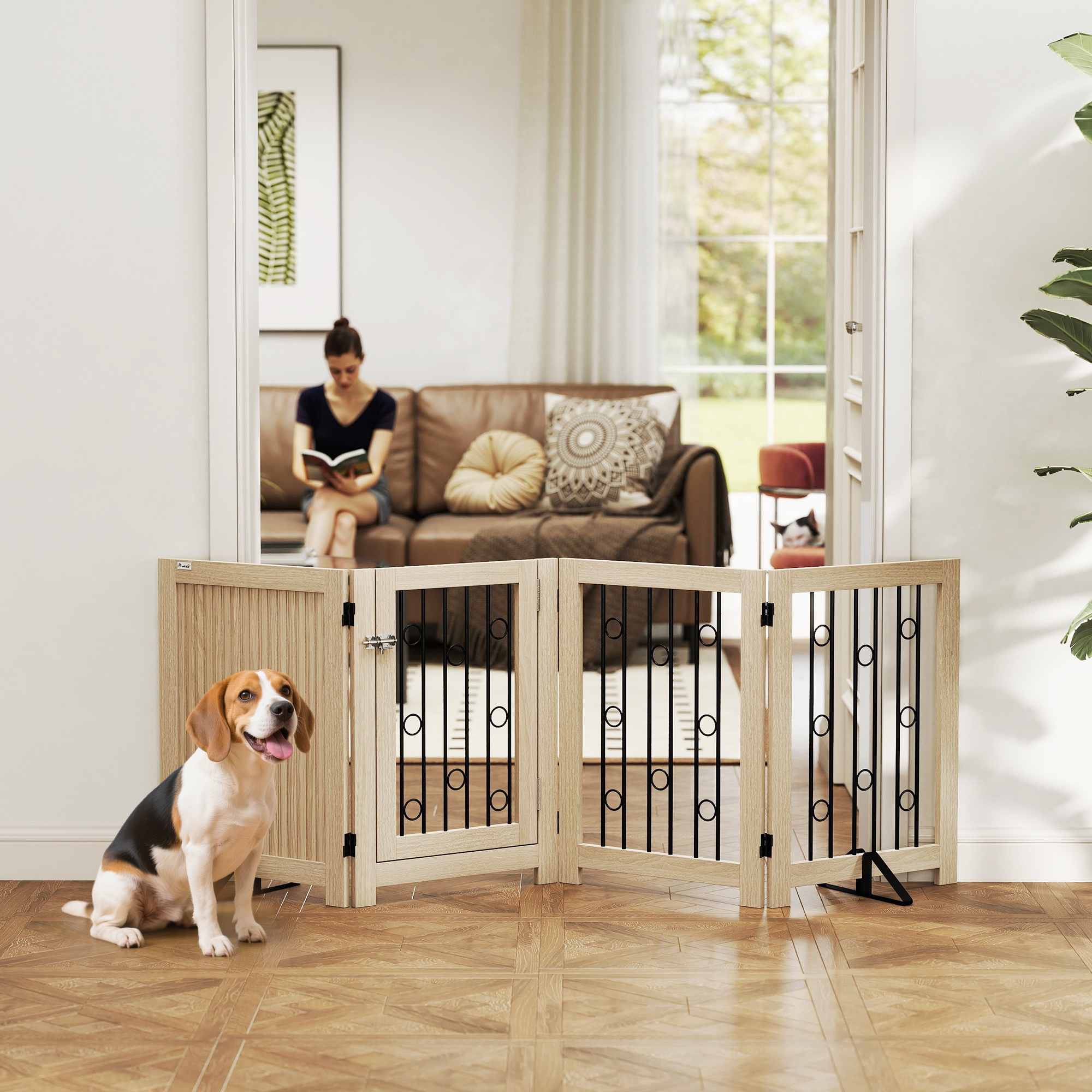 freistehendes Haustiertor, Hundegitter mit Tür, 4 Paneele, für Flur, Treppe, Türrahmen, MDF, Stahl