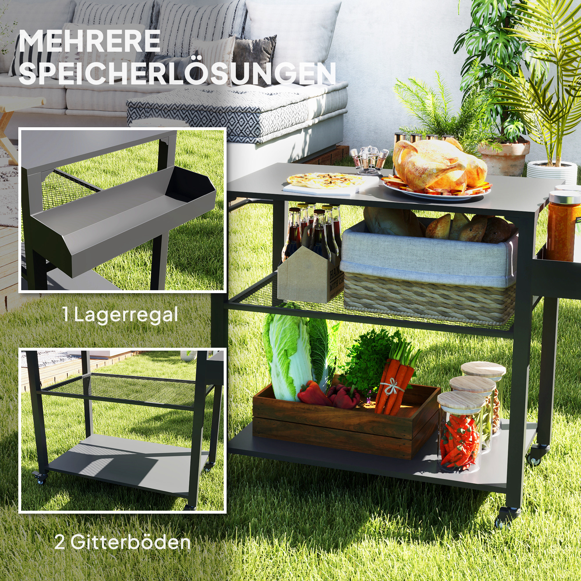 Outdoor-Kücheninsel, Grillwagen mit Aufbewahrungsregal, Griff, 4 Rollen, Küchenwagen, Terrasse, Garten, Metall, Schwarz