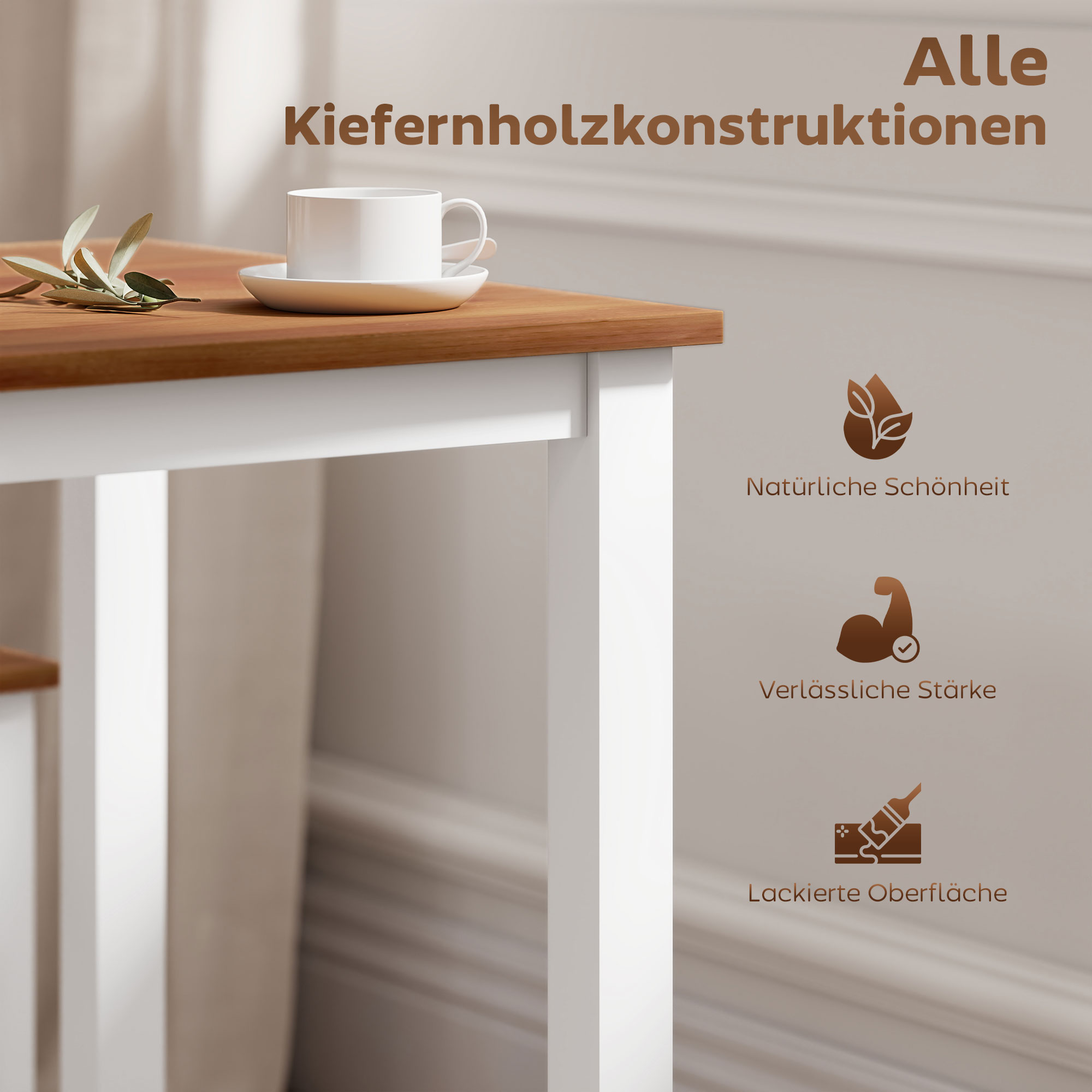 Essgruppenset, Esstisch, 4 Stühle, Esszimmerset, Kiefernholz, Braun+Weiß