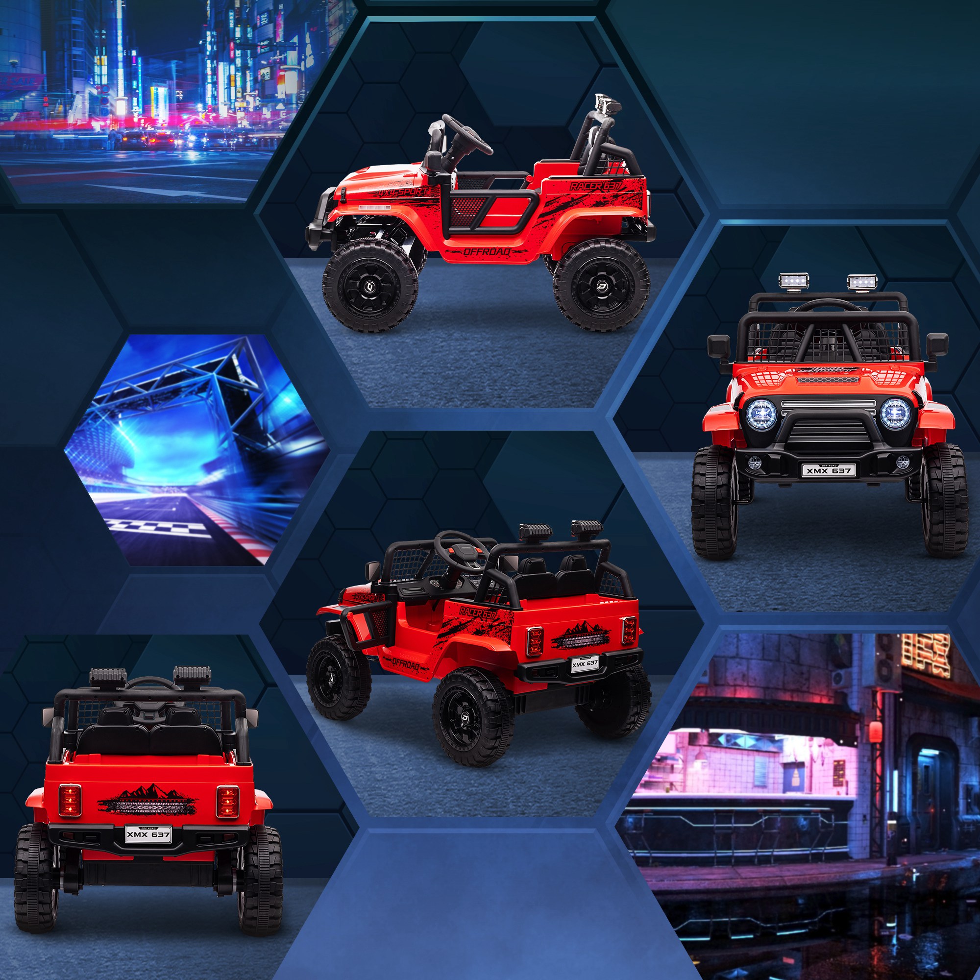Kinder-Elektroauto mit sanfter Federung, fernsteuerbar, LED-Lichter, Hupe, 12V-Motoren, aus Kunststoff und Metall, Rot