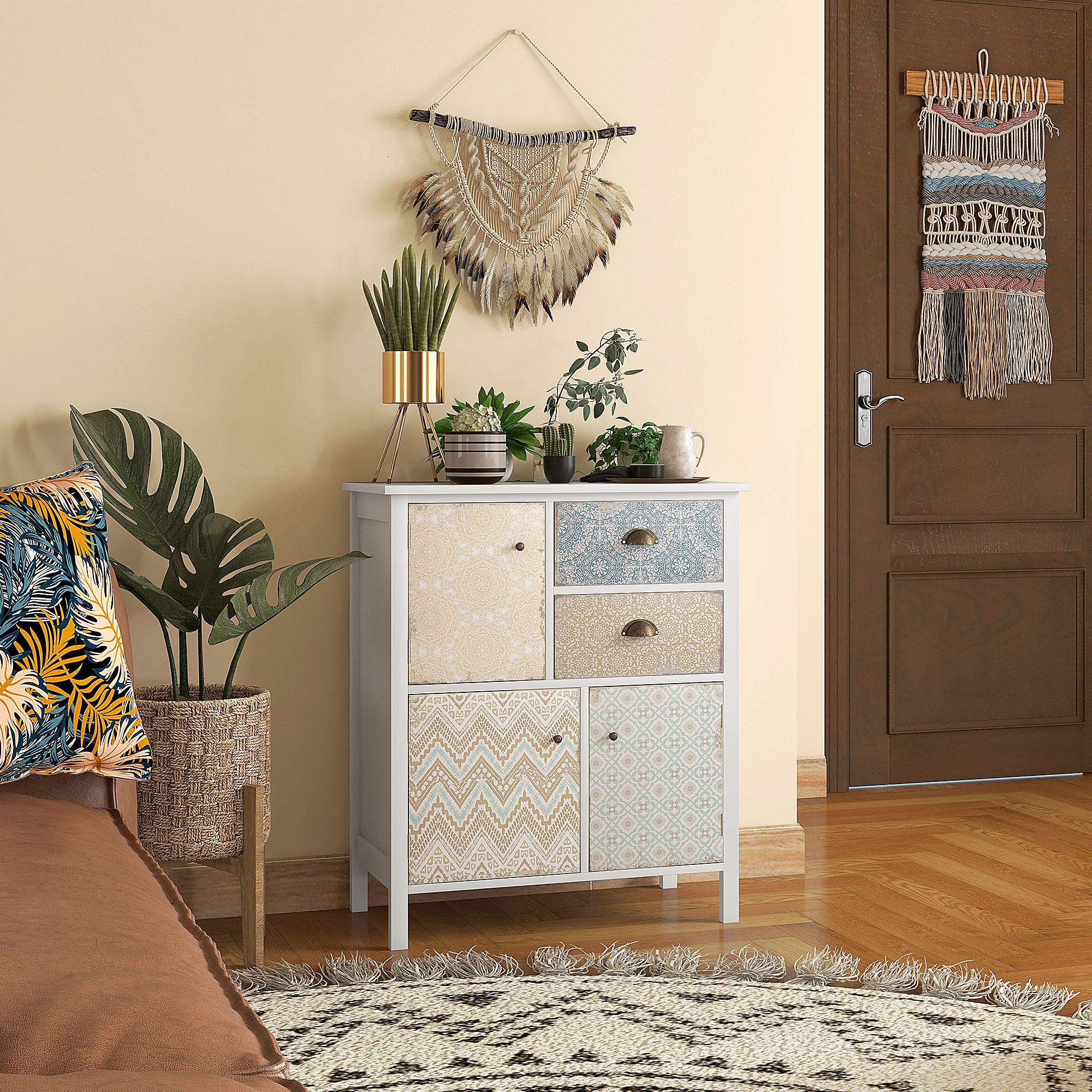 Sideboard, Shabby Chic Kommode, 2 Schubladen, 3 Schrankfächer, Kiefernholz, 68x34x80cm, Weiß