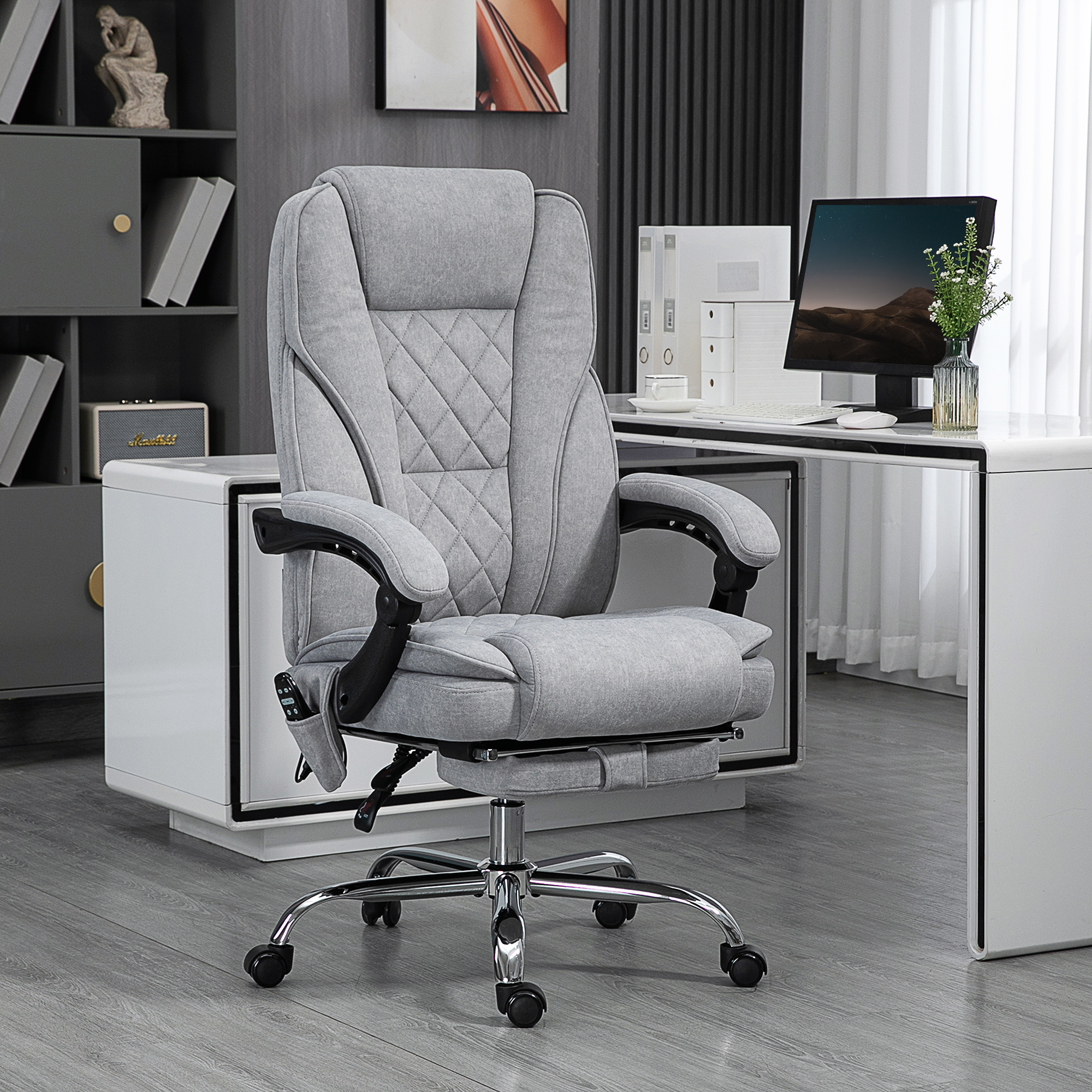 Ergonomischer Bürostuhl mit Massagefunktion, Fußstütze, drehbar, rollbar, Grau