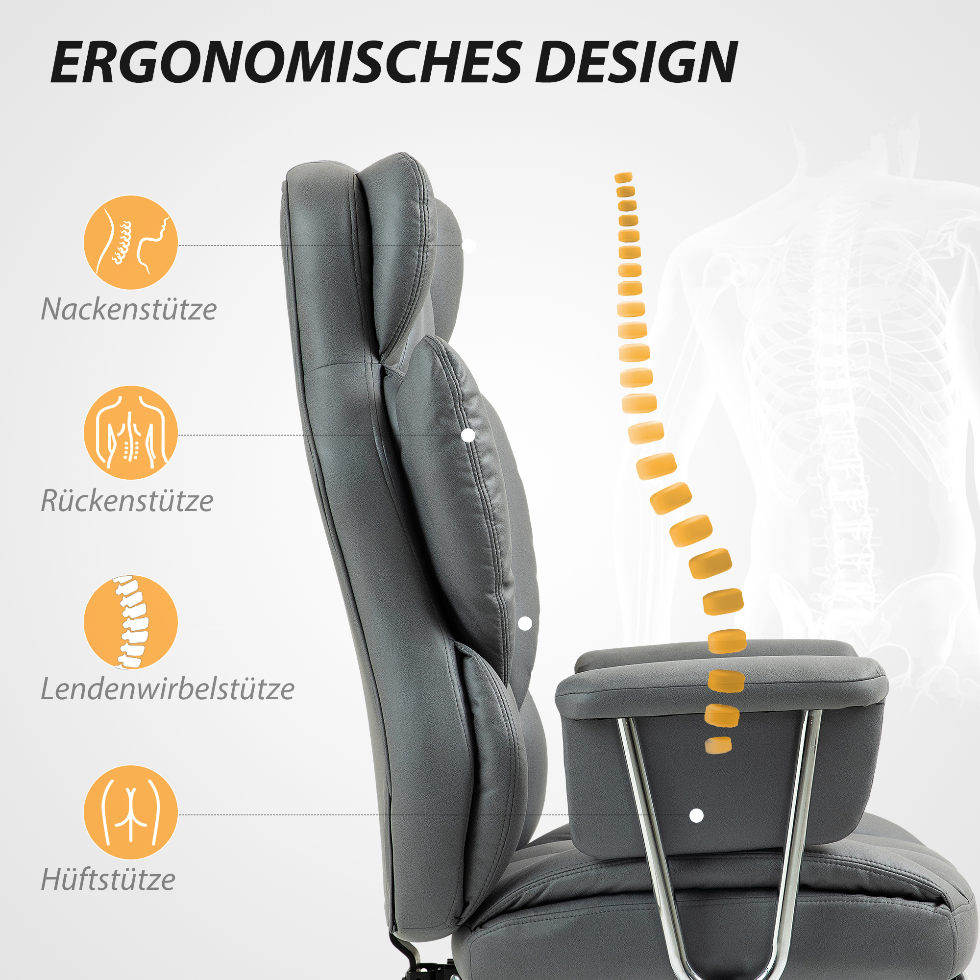 ergonomischer Bürostuhl, gepolstert, mit Fußstütze, verstellbarer Lehne, 360° drehbar, Dunkelgrau
