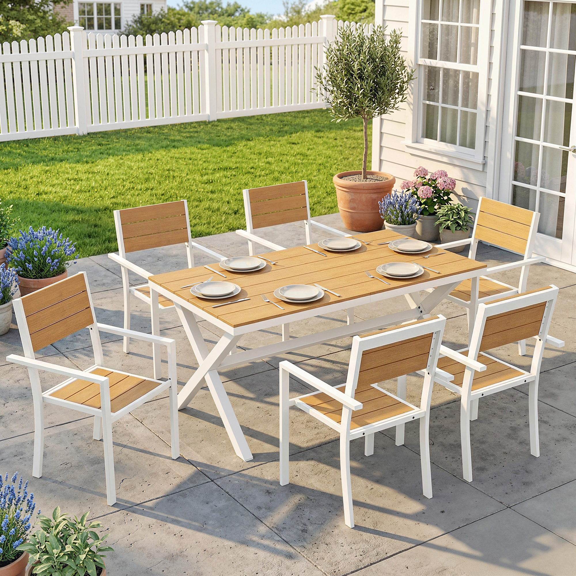 Gartenmöbel Set Sitzgruppe 7-teilig Tisch mit 6 stapelbare Stühlen Holzoptik Aluminiumrahmen Teak