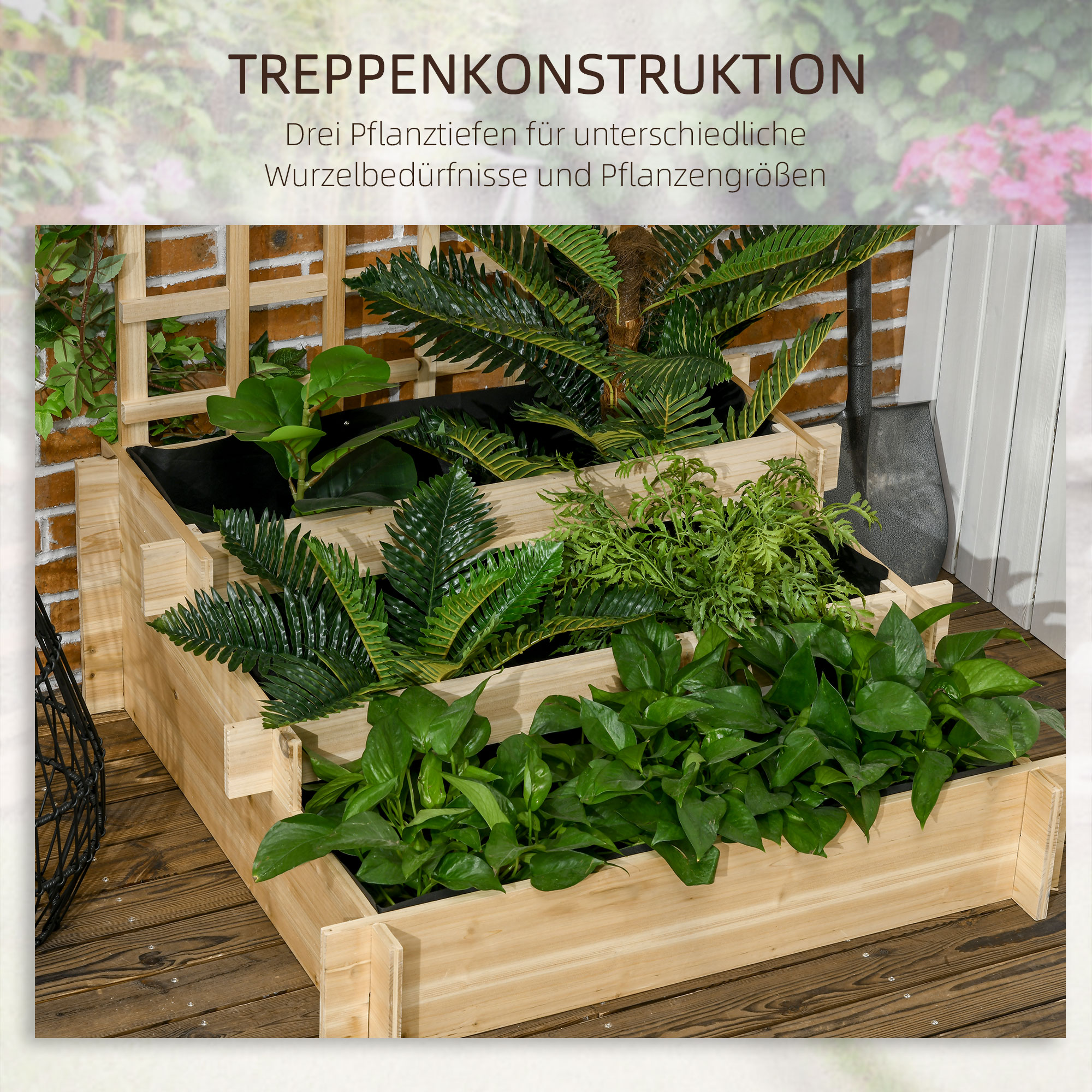 Hochbeet mit Rankgitter, 3 Ebenen, Naturholzrahmen, Vlies-Innenauskleidung, 95 x 95 x 110 cm
