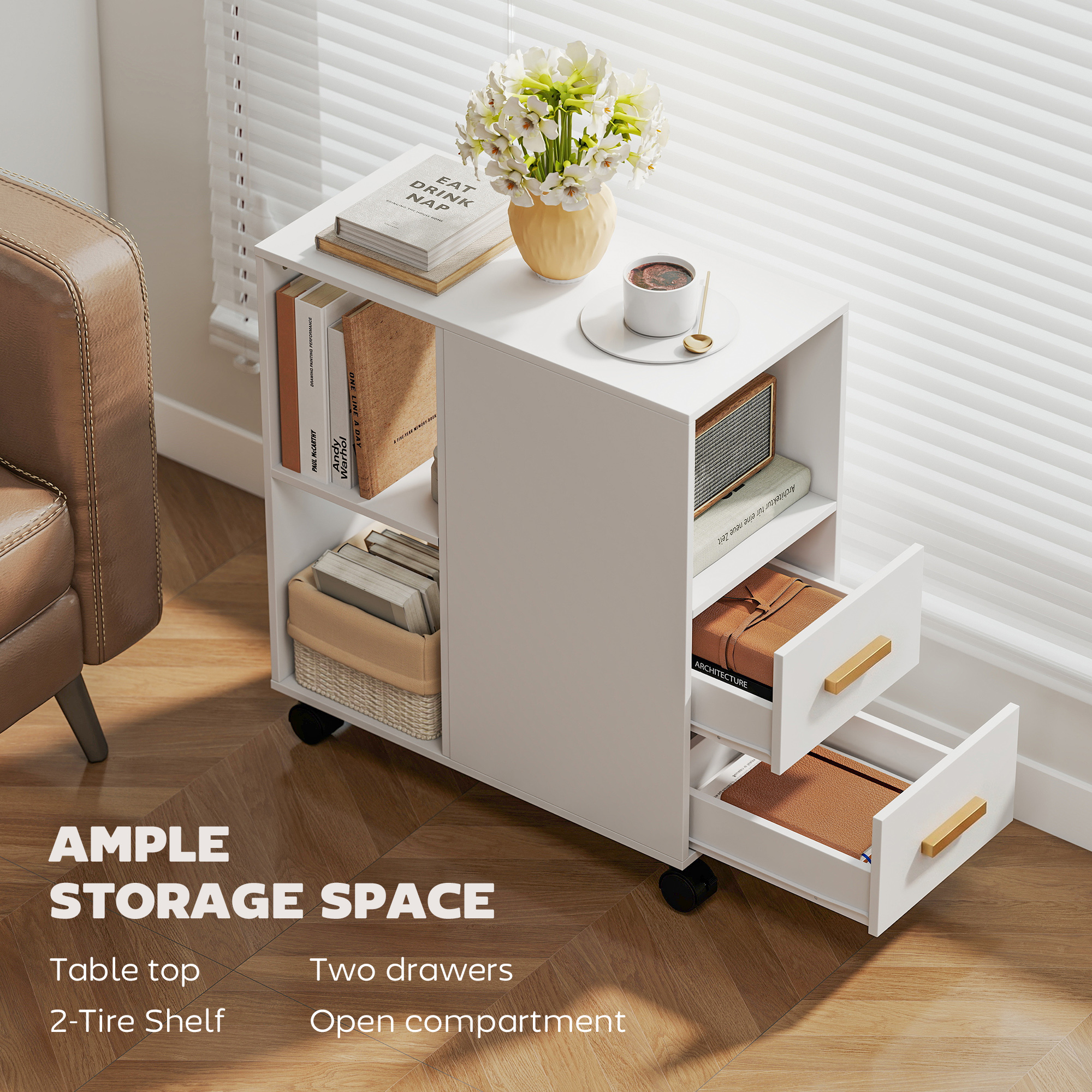 Druckerständer Druckertisch mit Verstellbar Ablage, Rollen für Fax Scanner 60 x 30 x 65 cm Weiß